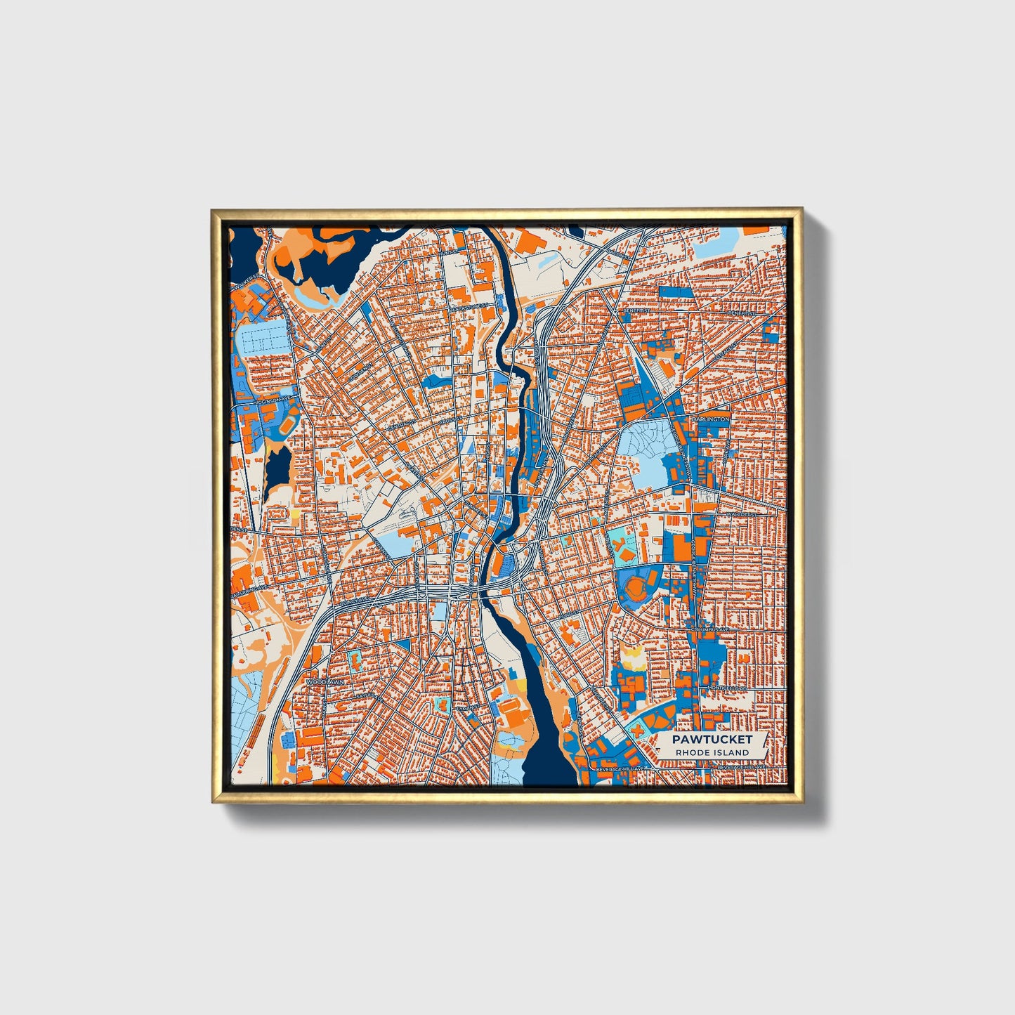 Pawtucket Rhode Island Colorful City Map Canvas Print • Gold Framed