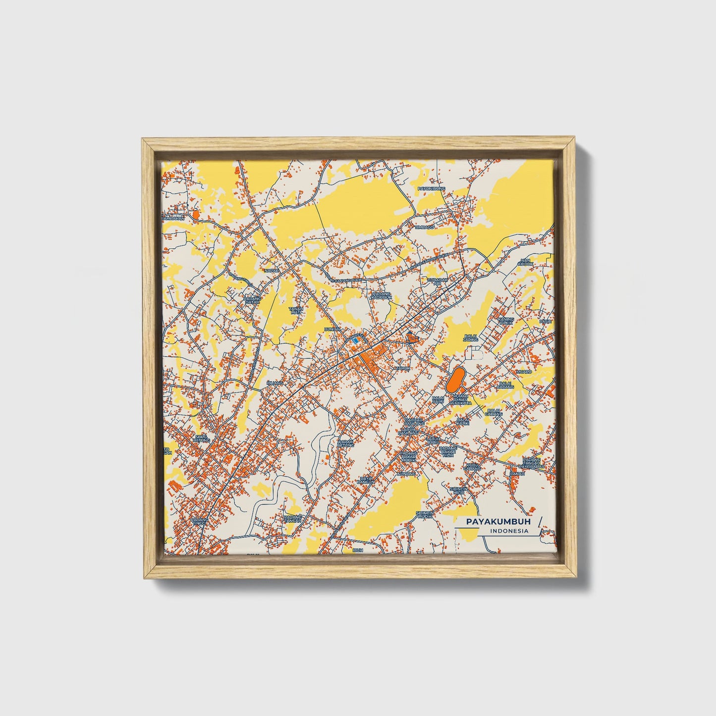Payakumbuh Indonesia Colorful City Map Canvas Print • Natural Wooden Framed