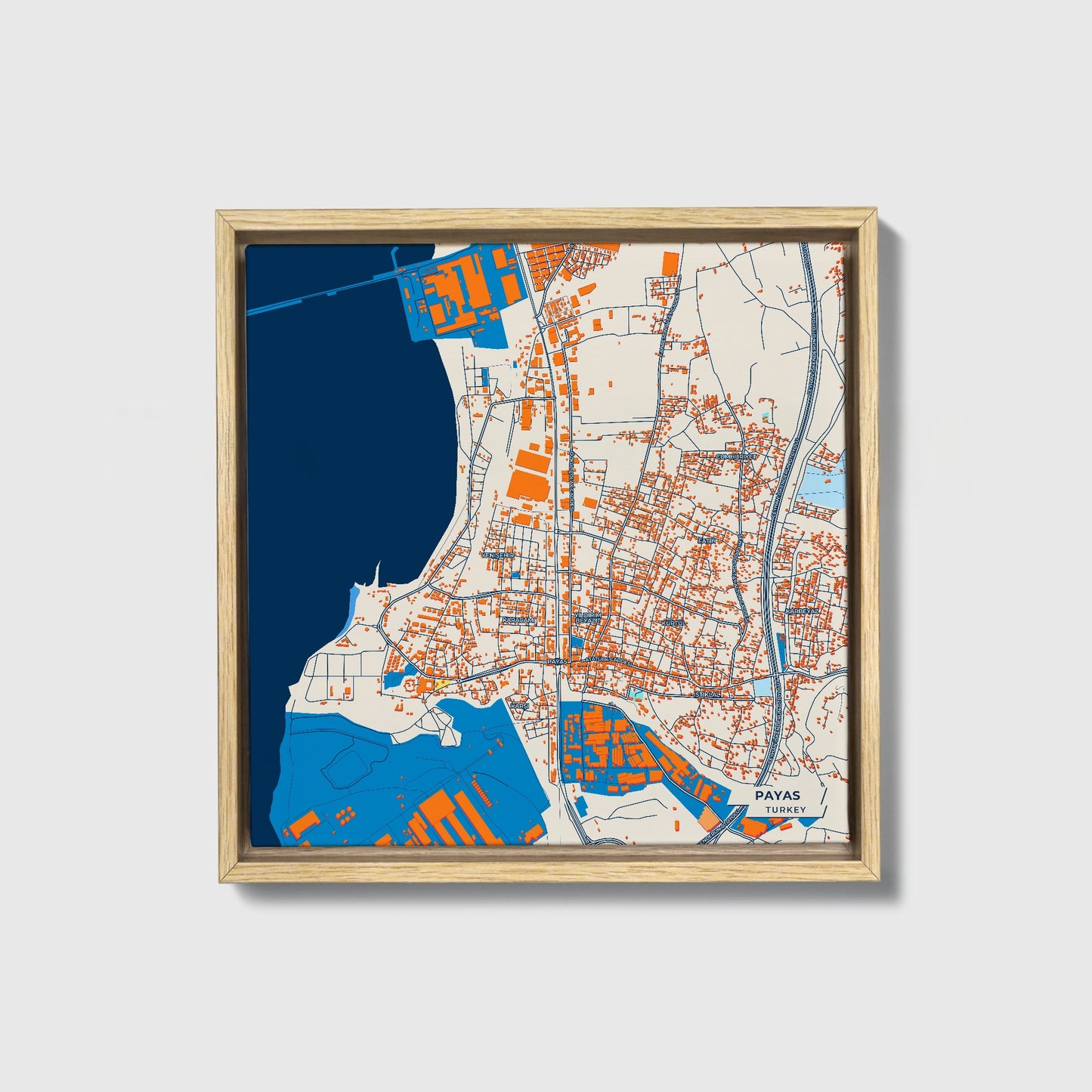 Payas Turkey Colorful City Map Canvas Print • Natural Wooden Framed