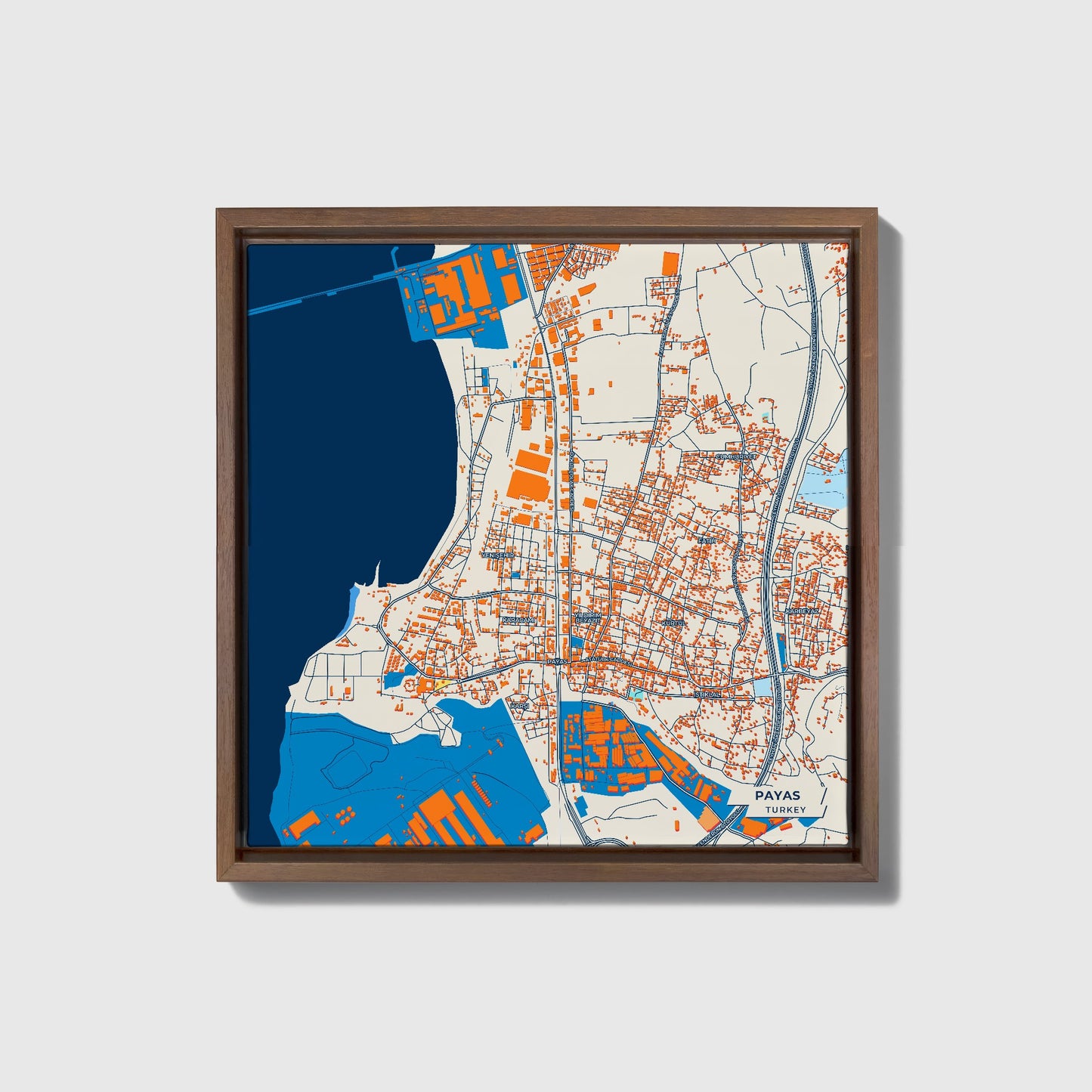 Payas Turkey Colorful City Map Canvas Print • Dark Wooden Framed