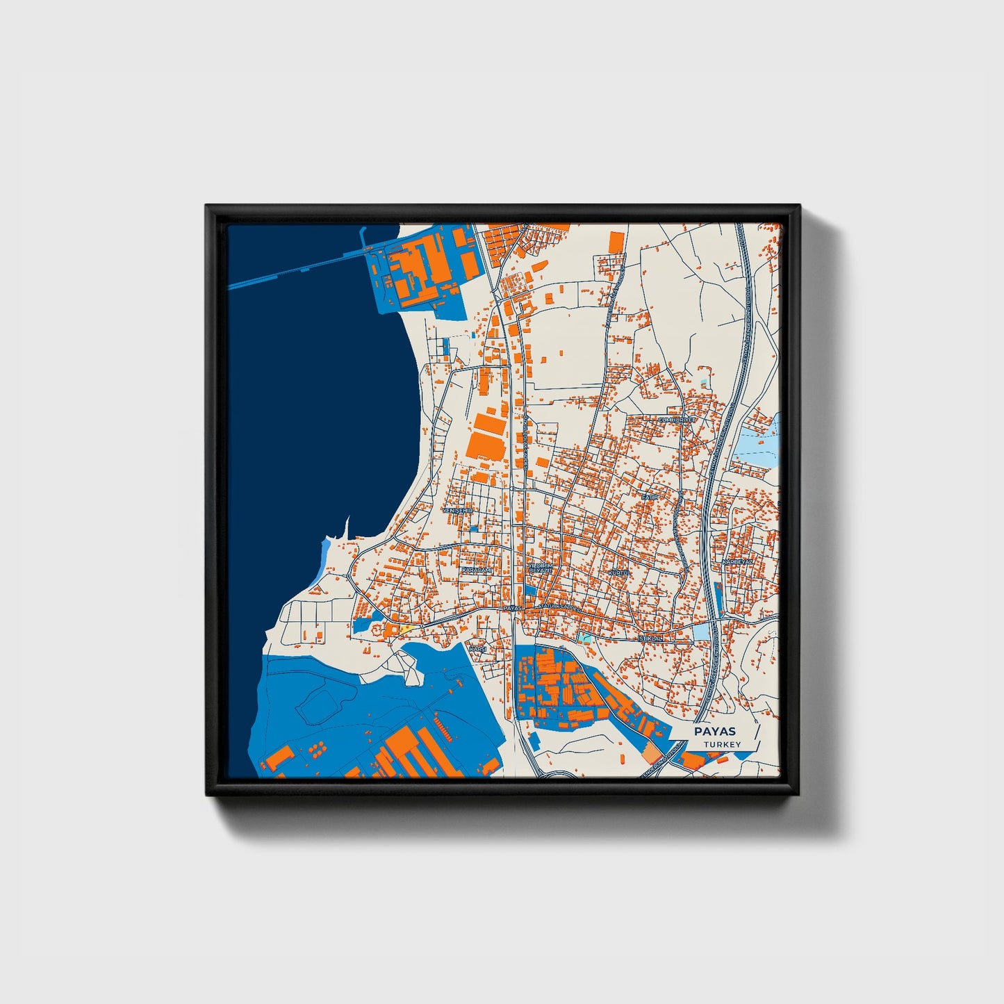Payas Turkey Colorful City Map Canvas Print • Black Framed
