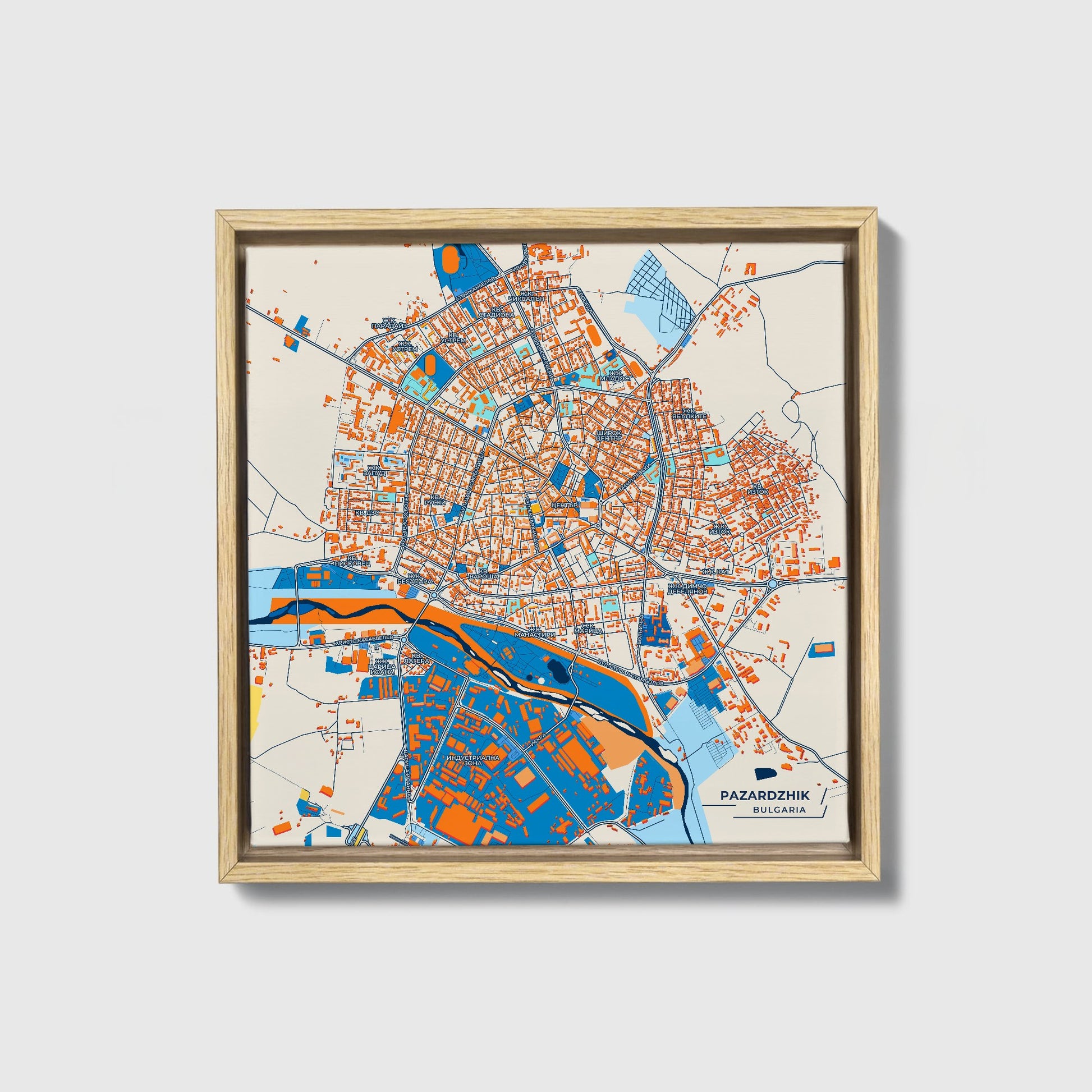 Пазарджик Bulgaria Colorful City Map Canvas Print • Natural Wooden Framed