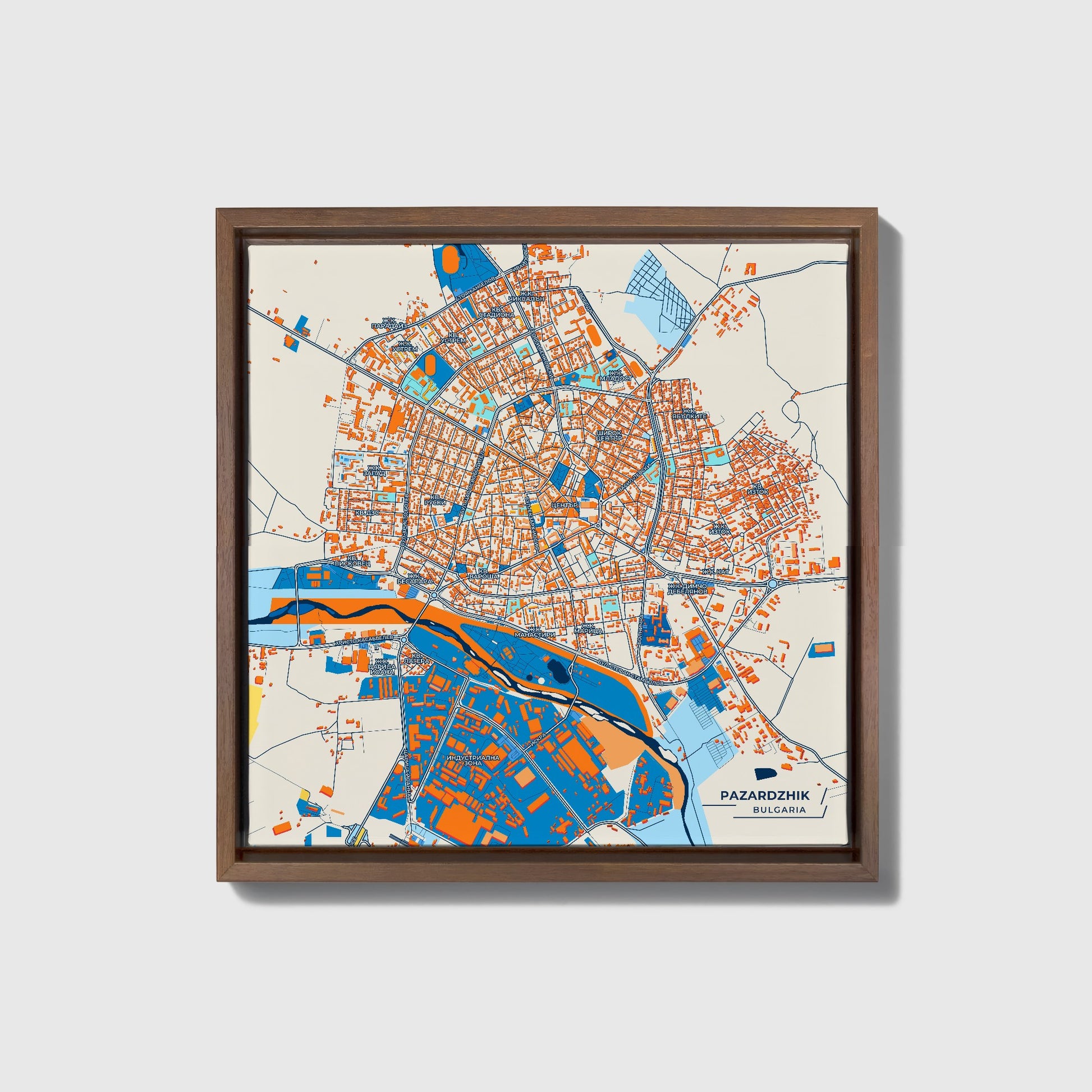 Пазарджик Bulgaria Colorful City Map Canvas Print • Dark Wooden Framed