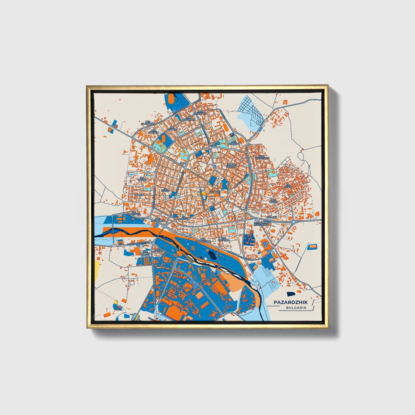 Пазарджик Bulgaria Colorful City Map Canvas Print • Gold Framed