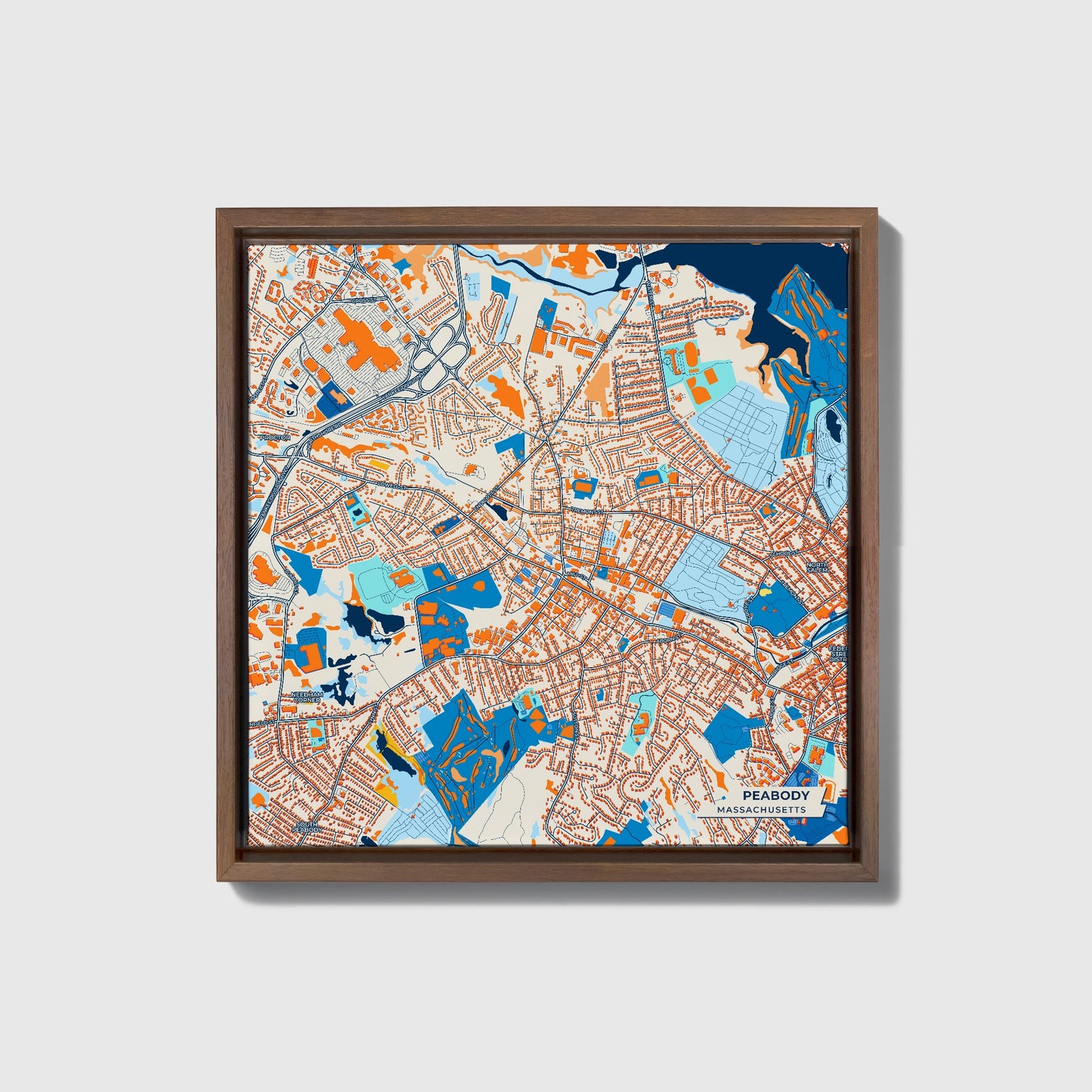 Peabody Massachusetts Colorful City Map Canvas Print • Dark Wooden Framed