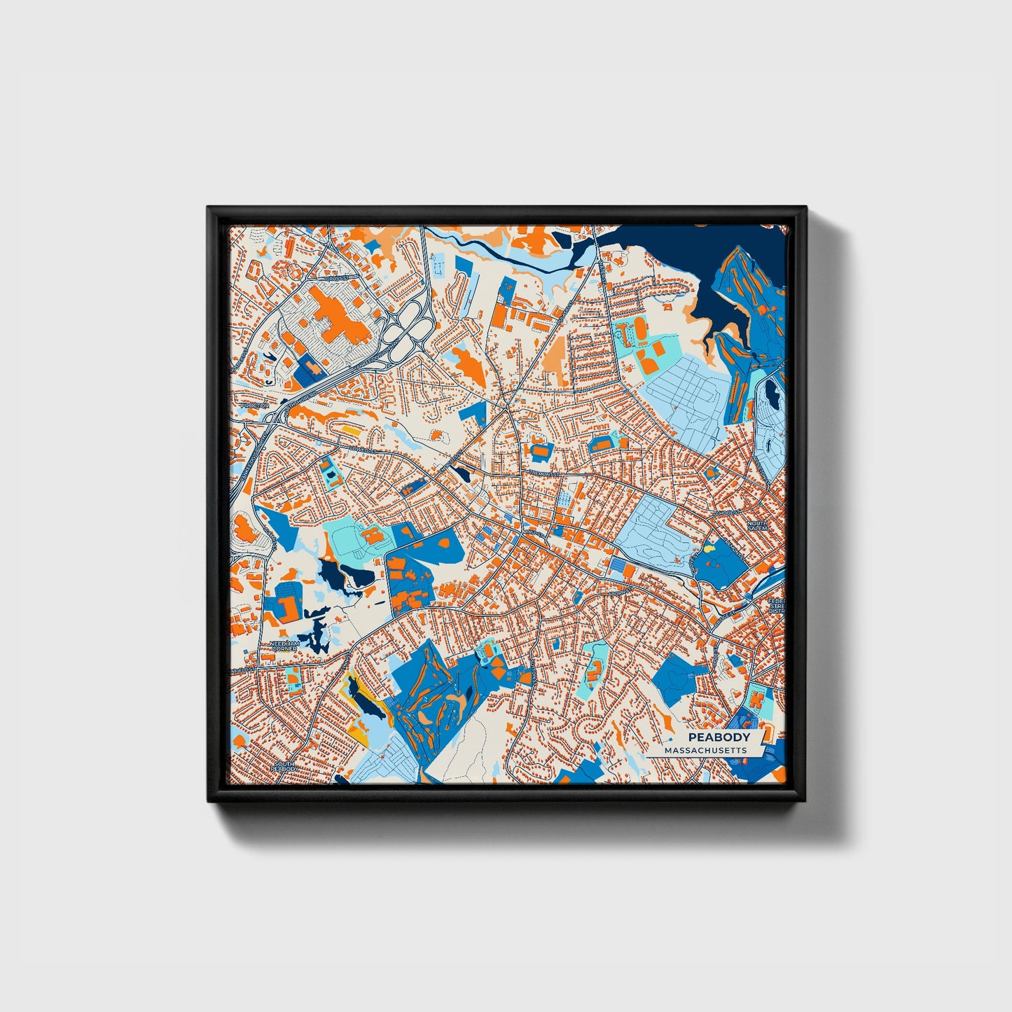 Peabody Massachusetts Colorful City Map Canvas Print • Black Framed