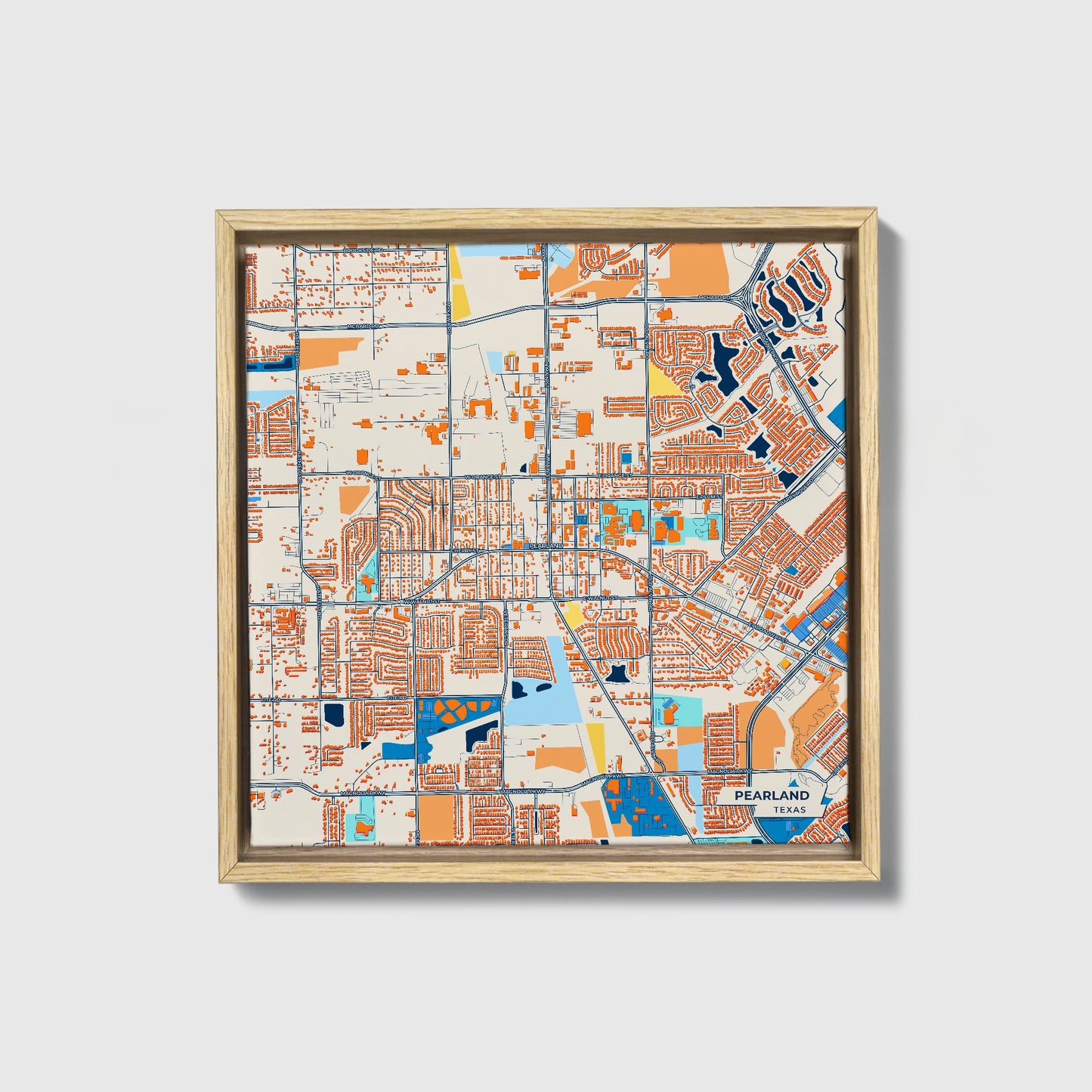 Pearland Texas Colorful City Map Canvas Print • Natural Wooden Framed