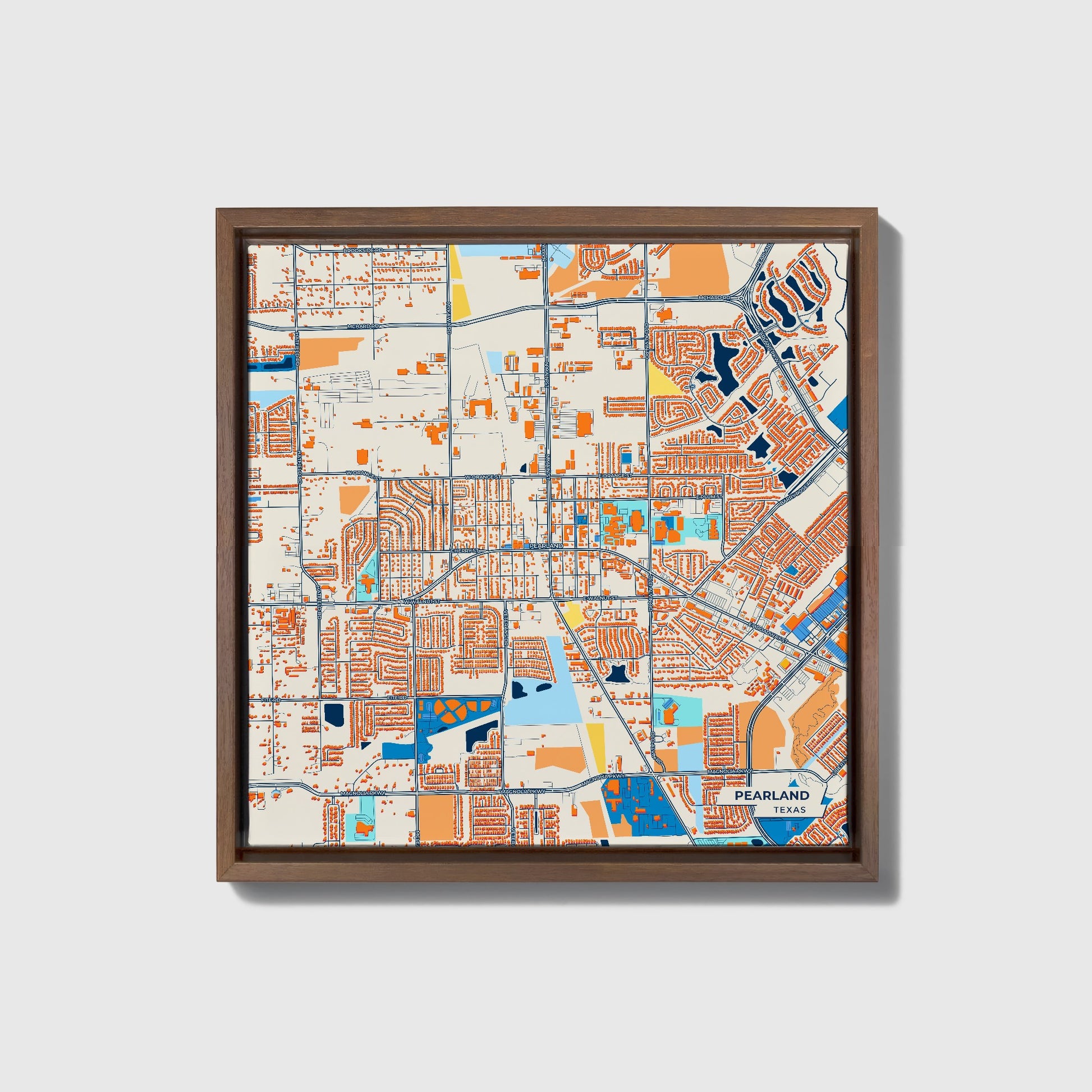 Pearland Texas Colorful City Map Canvas Print • Dark Wooden Framed