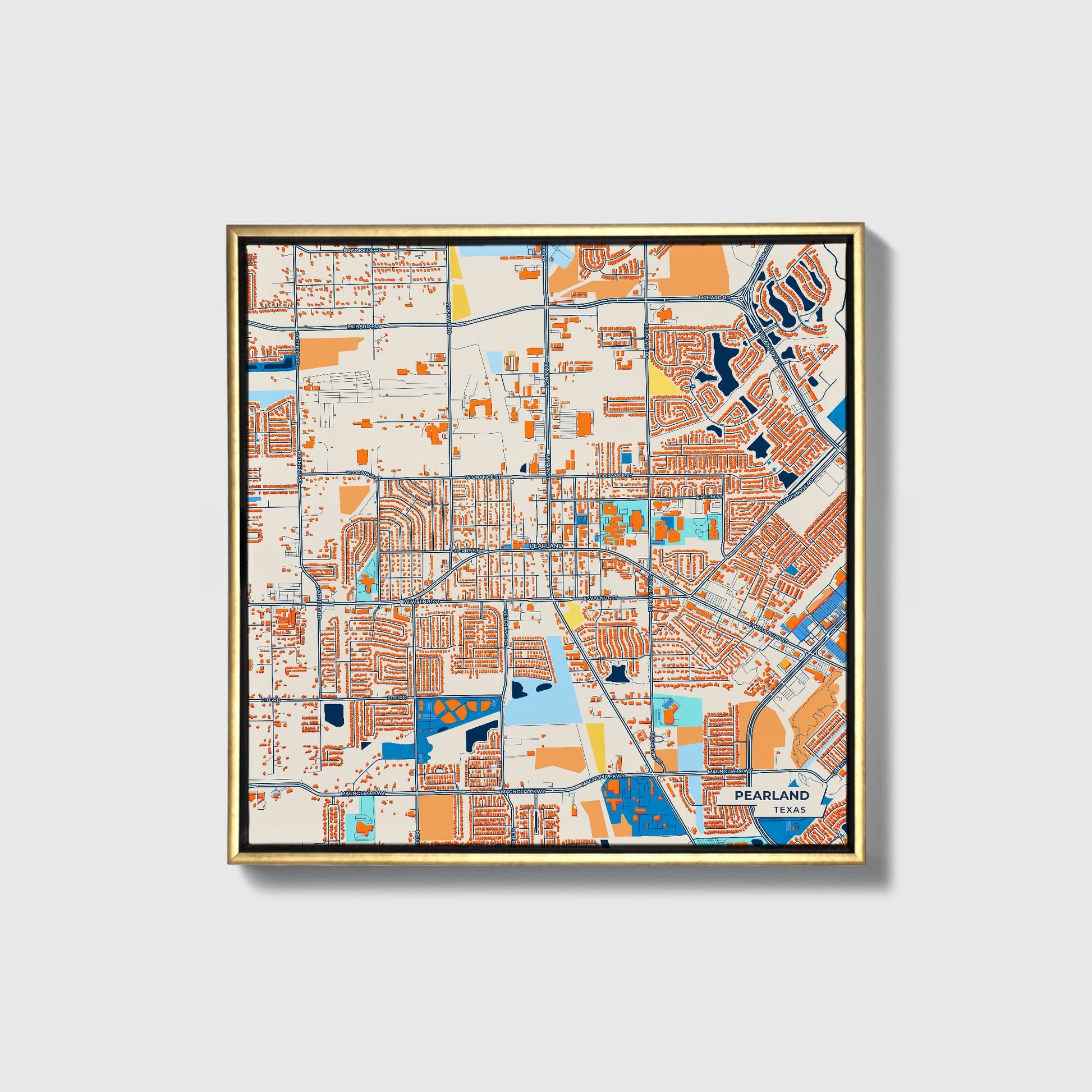 Pearland Texas Colorful City Map Canvas Print • Gold Framed