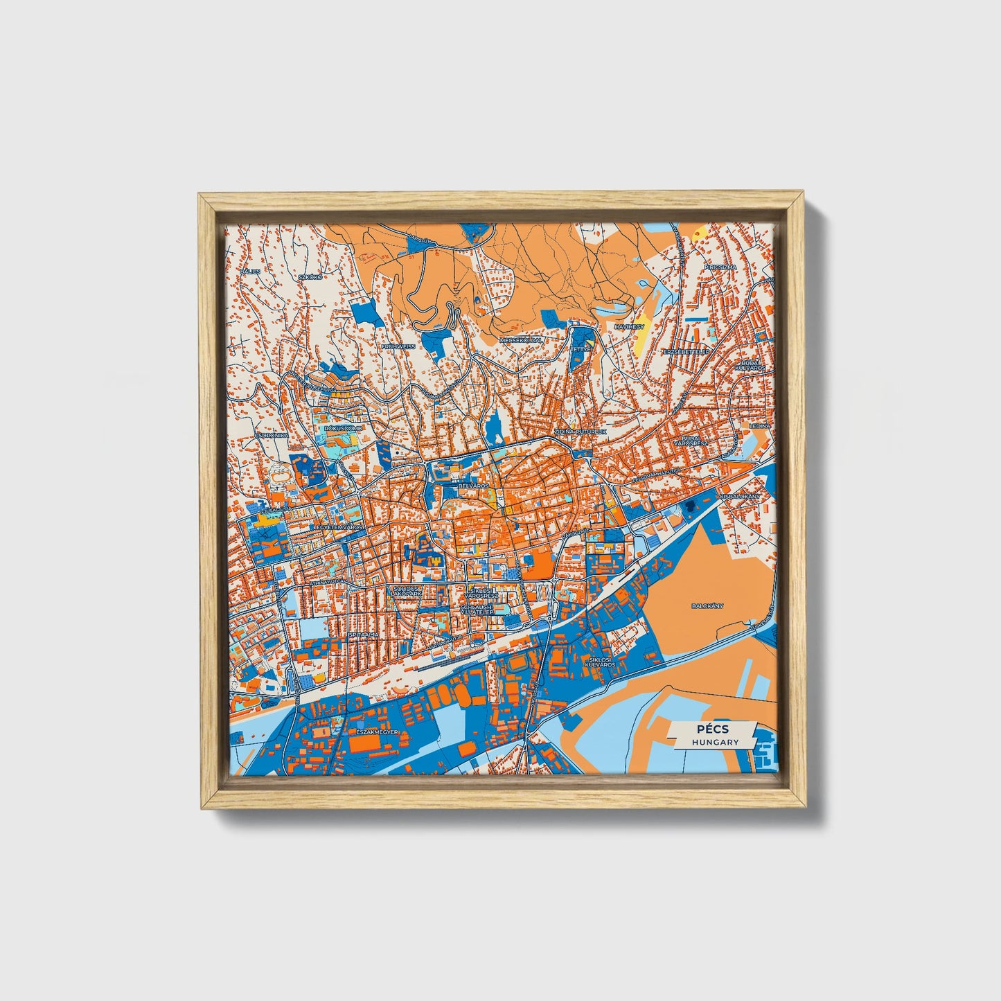 Pécs Hungary Colorful City Map Canvas Print • Natural Wooden Framed