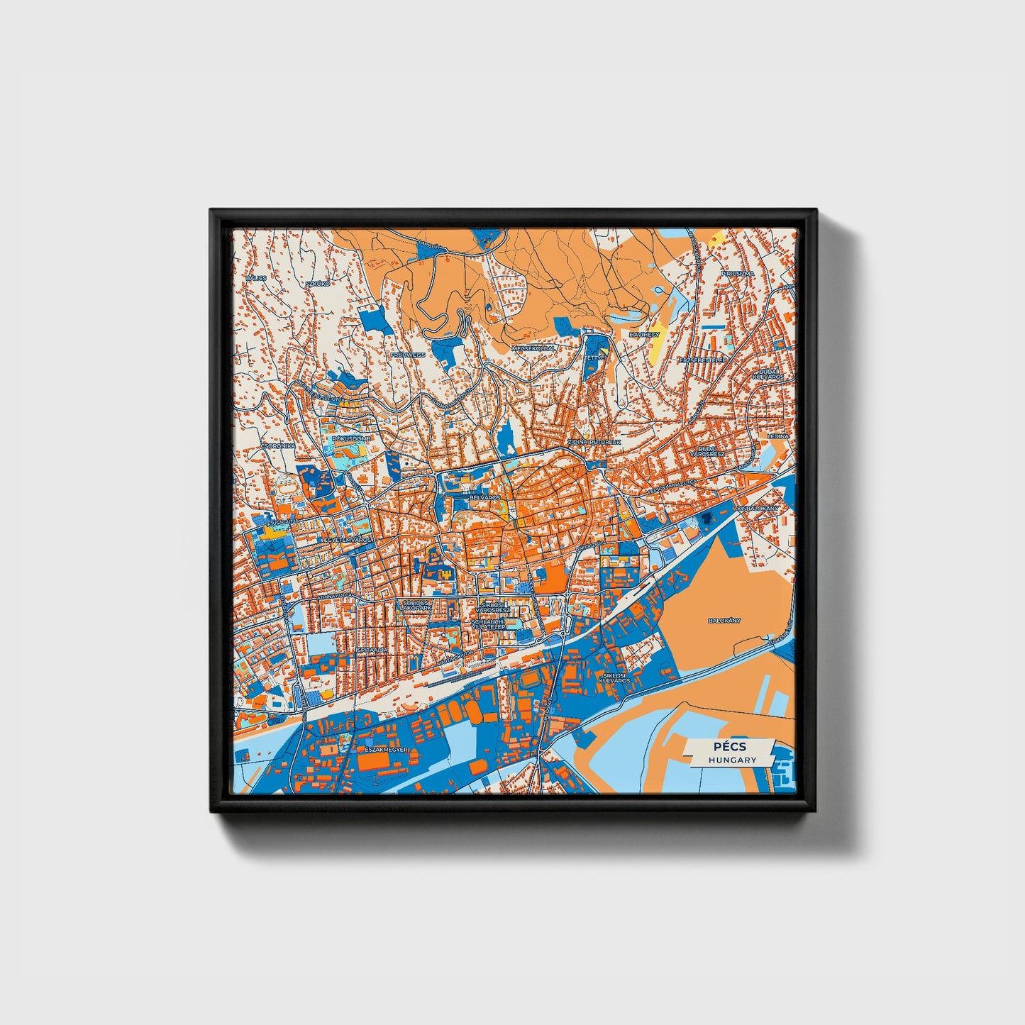 Pécs Hungary Colorful City Map Canvas Print • Black Framed