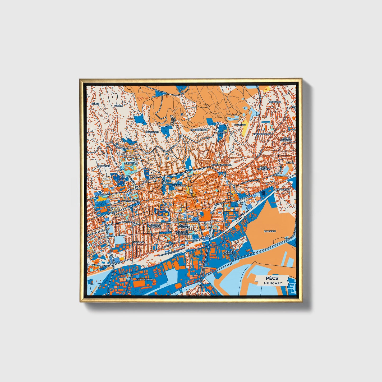 Pécs Hungary Colorful City Map Canvas Print • Gold Framed
