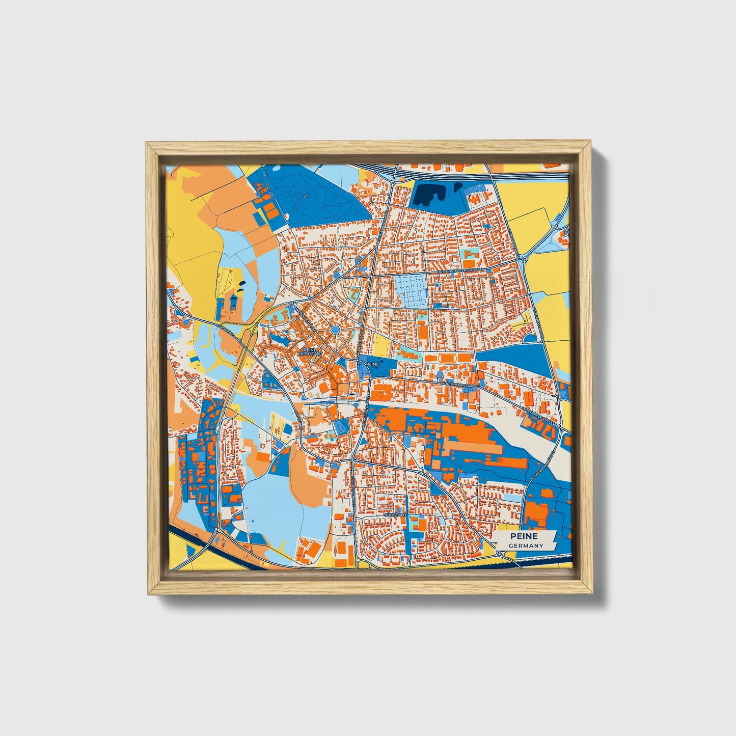 Peine Germany Colorful City Map Canvas Print • Natural Wooden Framed
