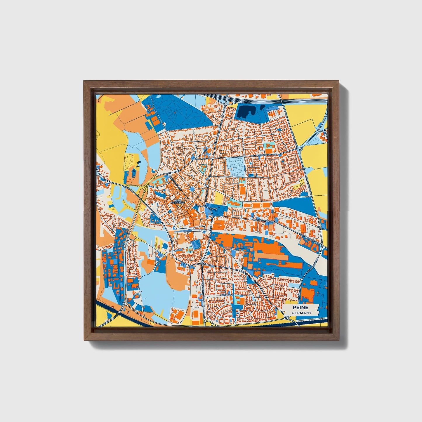 Peine Germany Colorful City Map Canvas Print • Dark Wooden Framed
