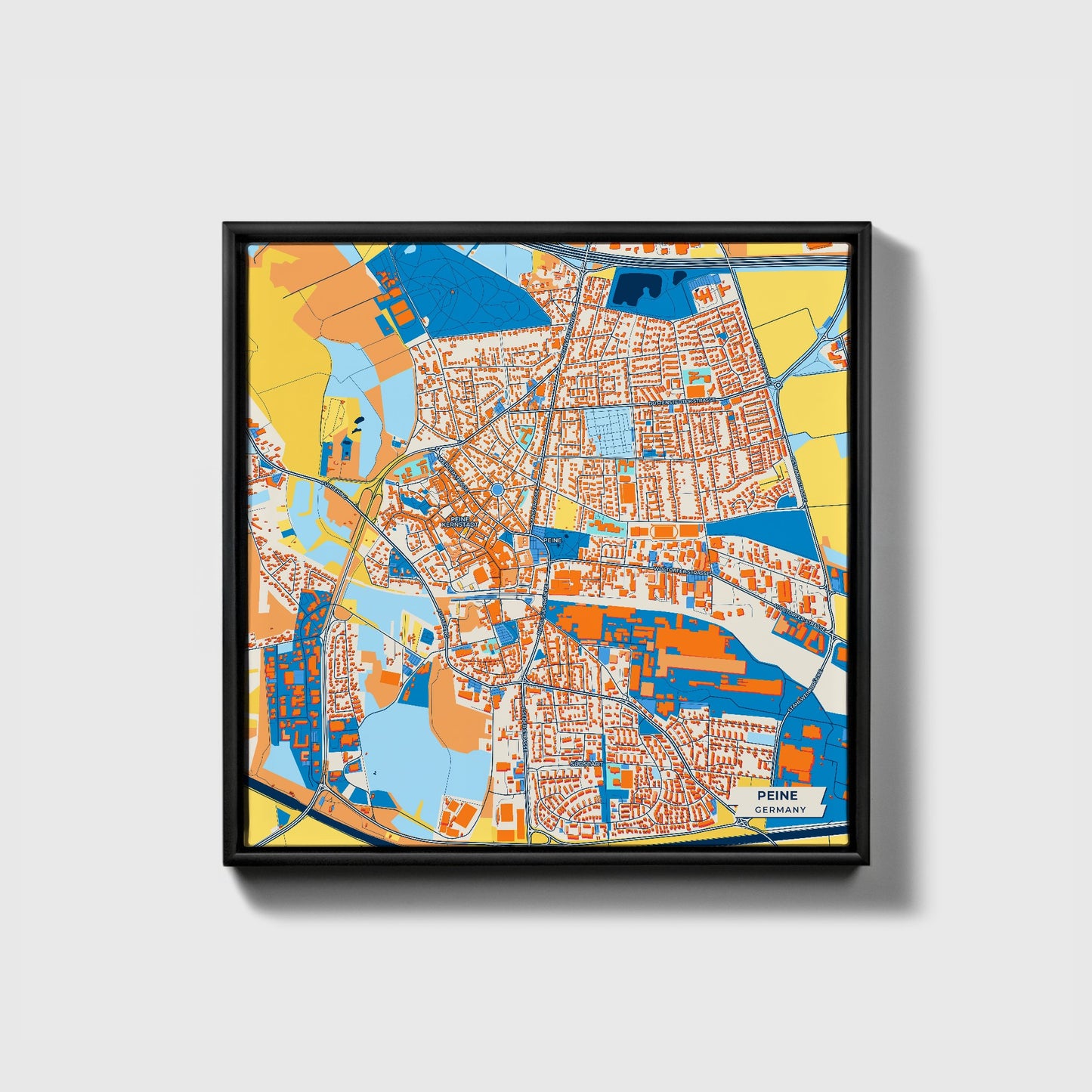 Peine Germany Colorful City Map Canvas Print • Black Framed