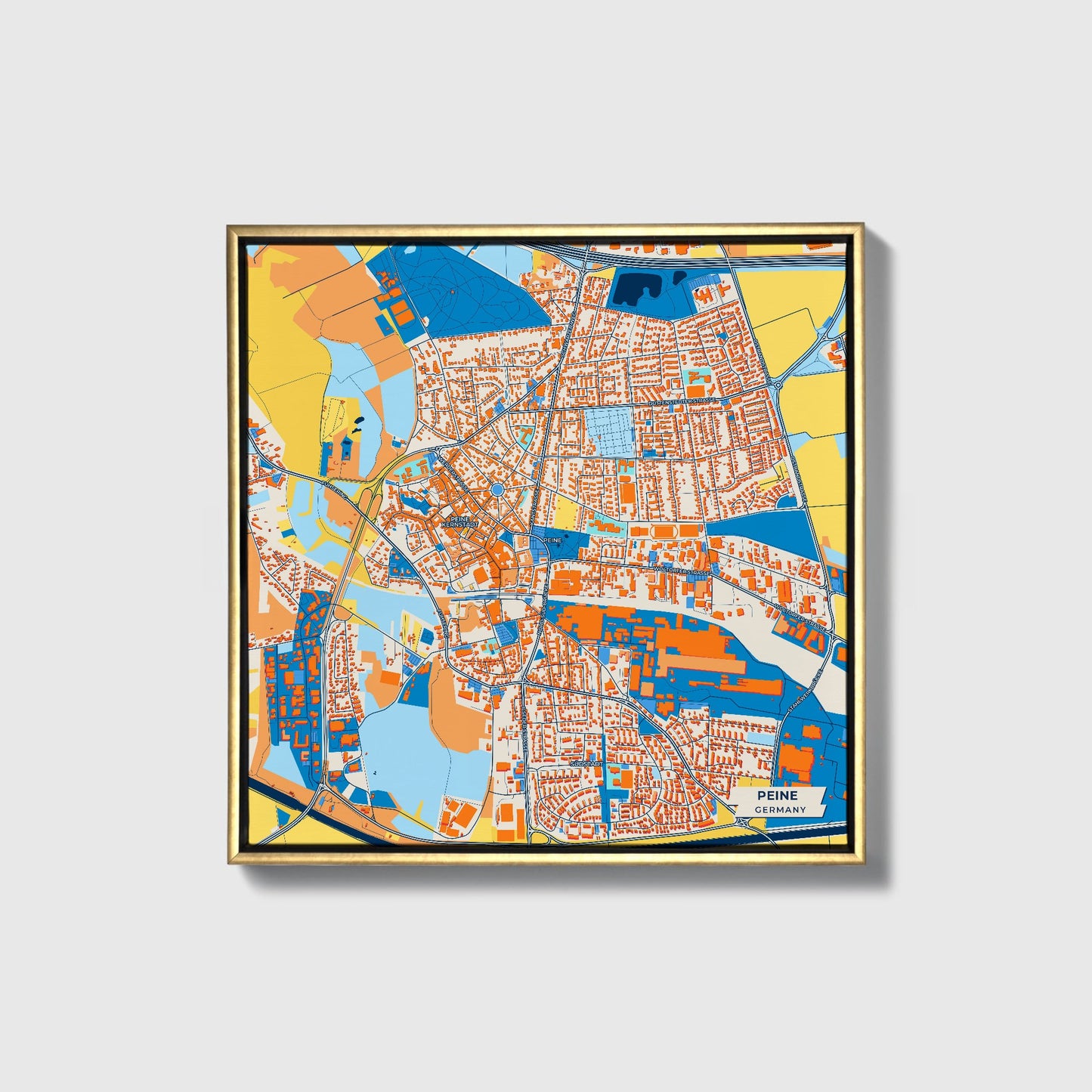 Peine Germany Colorful City Map Canvas Print • Gold Framed