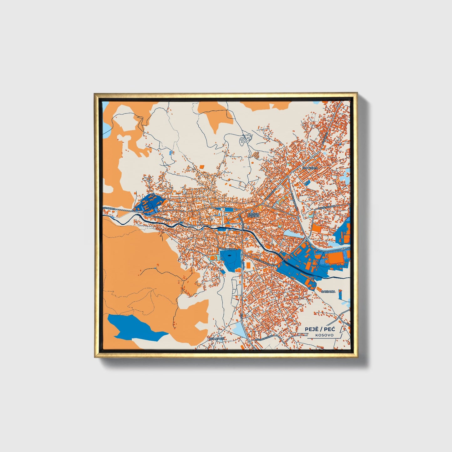 Pejë Kosovo Colorful City Map Canvas Print • Gold Framed