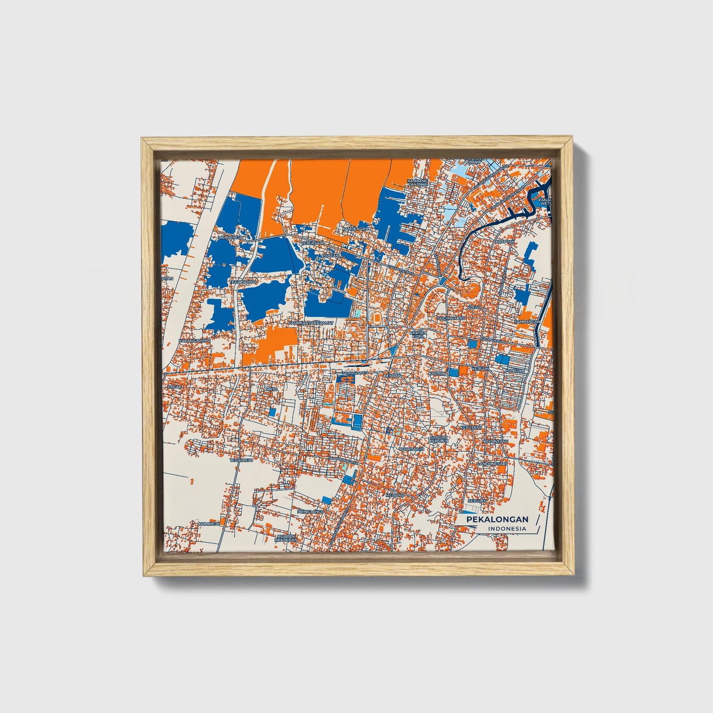 Pekalongan Indonesia Colorful City Map Canvas Print • Natural Wooden Framed