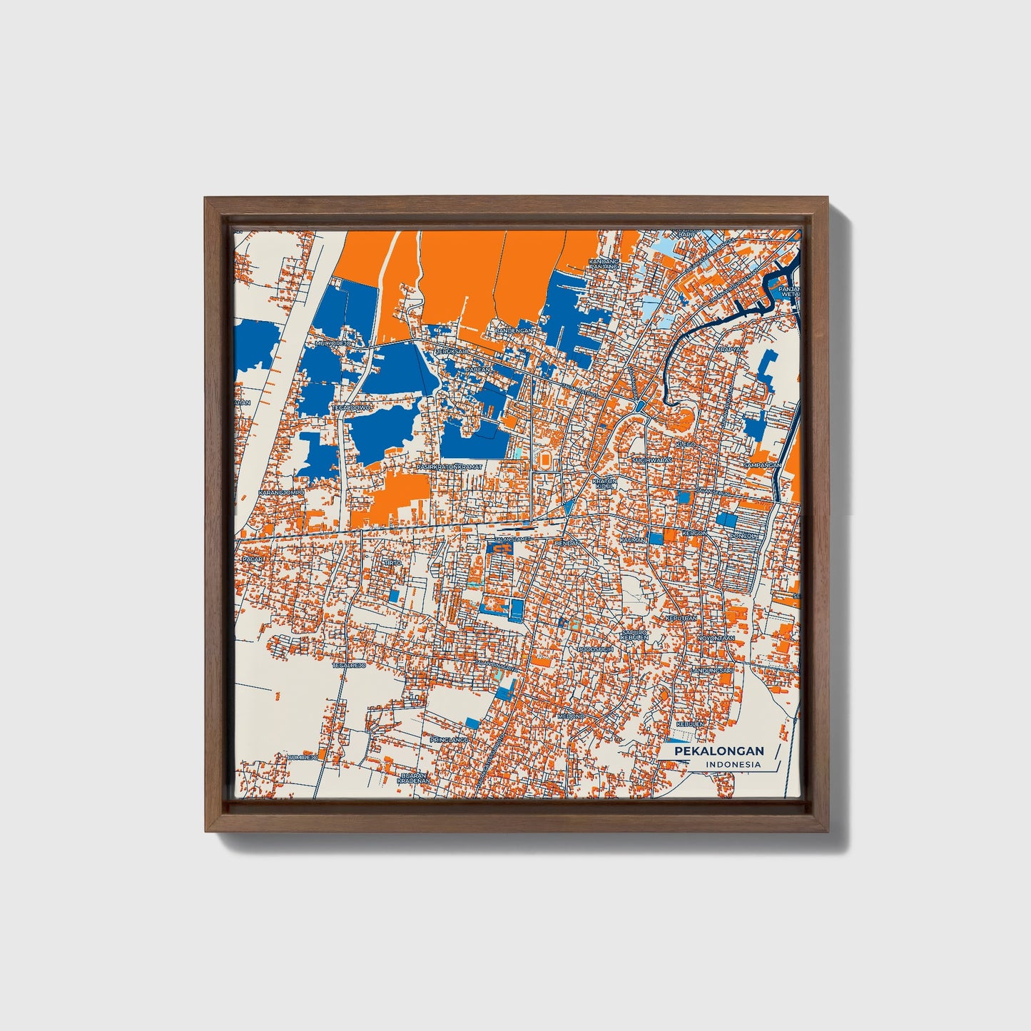 Pekalongan Indonesia Colorful City Map Canvas Print • Dark Wooden Framed