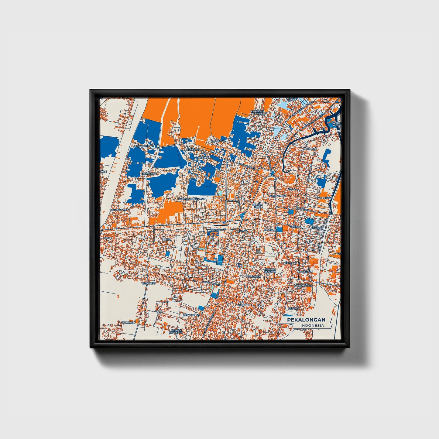 Pekalongan Indonesia Colorful City Map Canvas Print • Black Framed