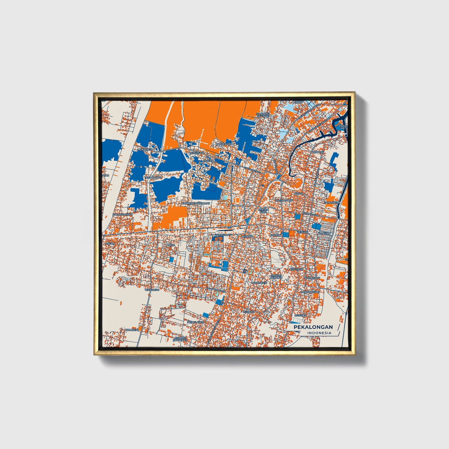 Pekalongan Indonesia Colorful City Map Canvas Print • Gold Framed