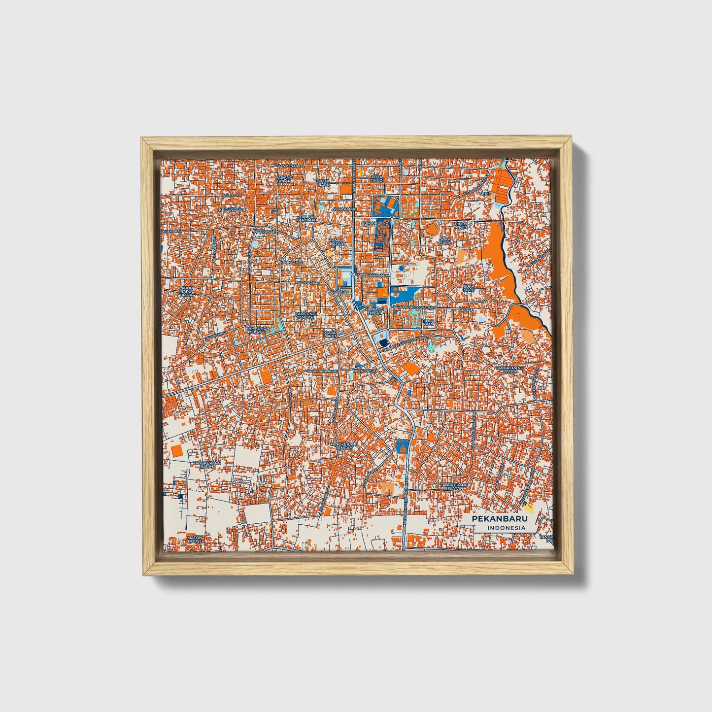 Pekanbaru Indonesia Colorful City Map Canvas Print • Natural Wooden Framed