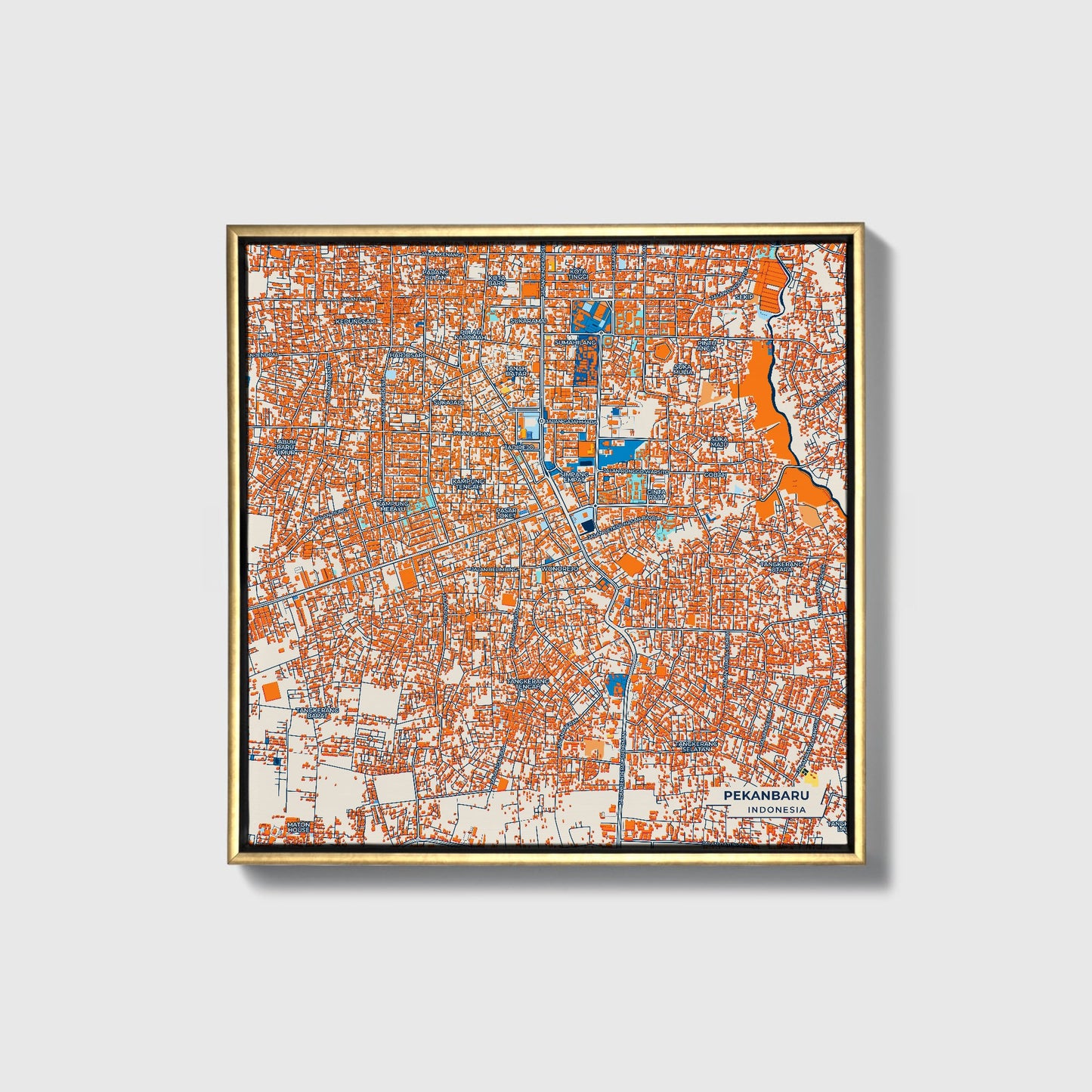 Pekanbaru Indonesia Colorful City Map Canvas Print • Gold Framed