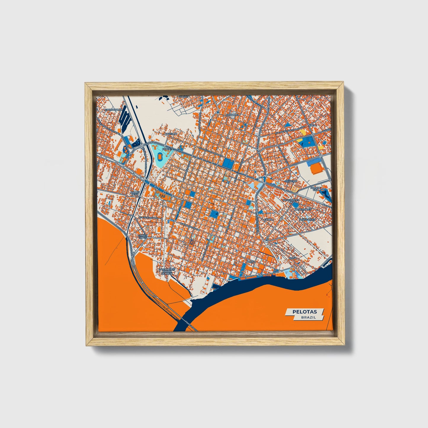 Pelotas Brazil Colorful City Map Canvas Print • Natural Wooden Framed