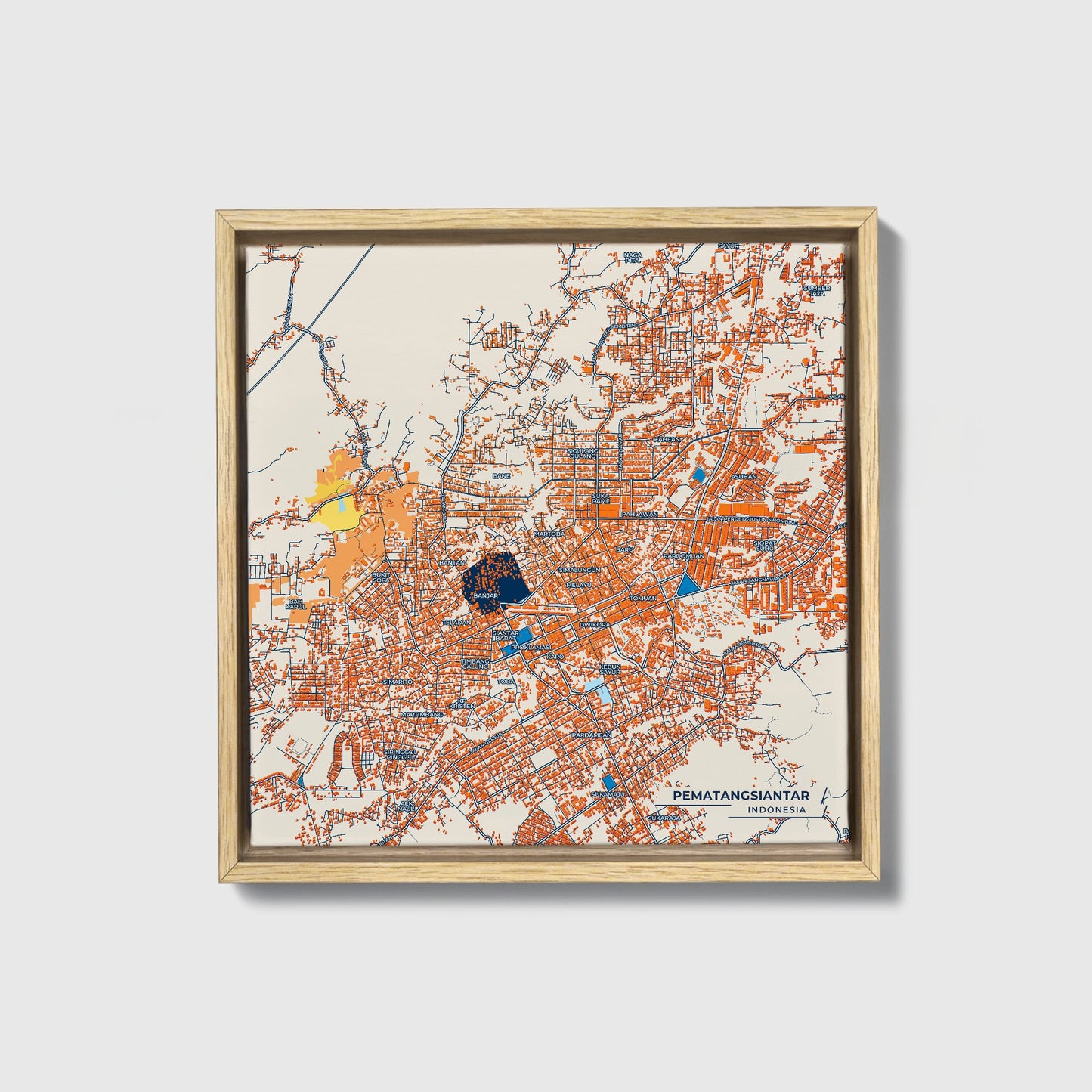Pematangsiantar Indonesia Colorful City Map Canvas Print • Natural Wooden Framed