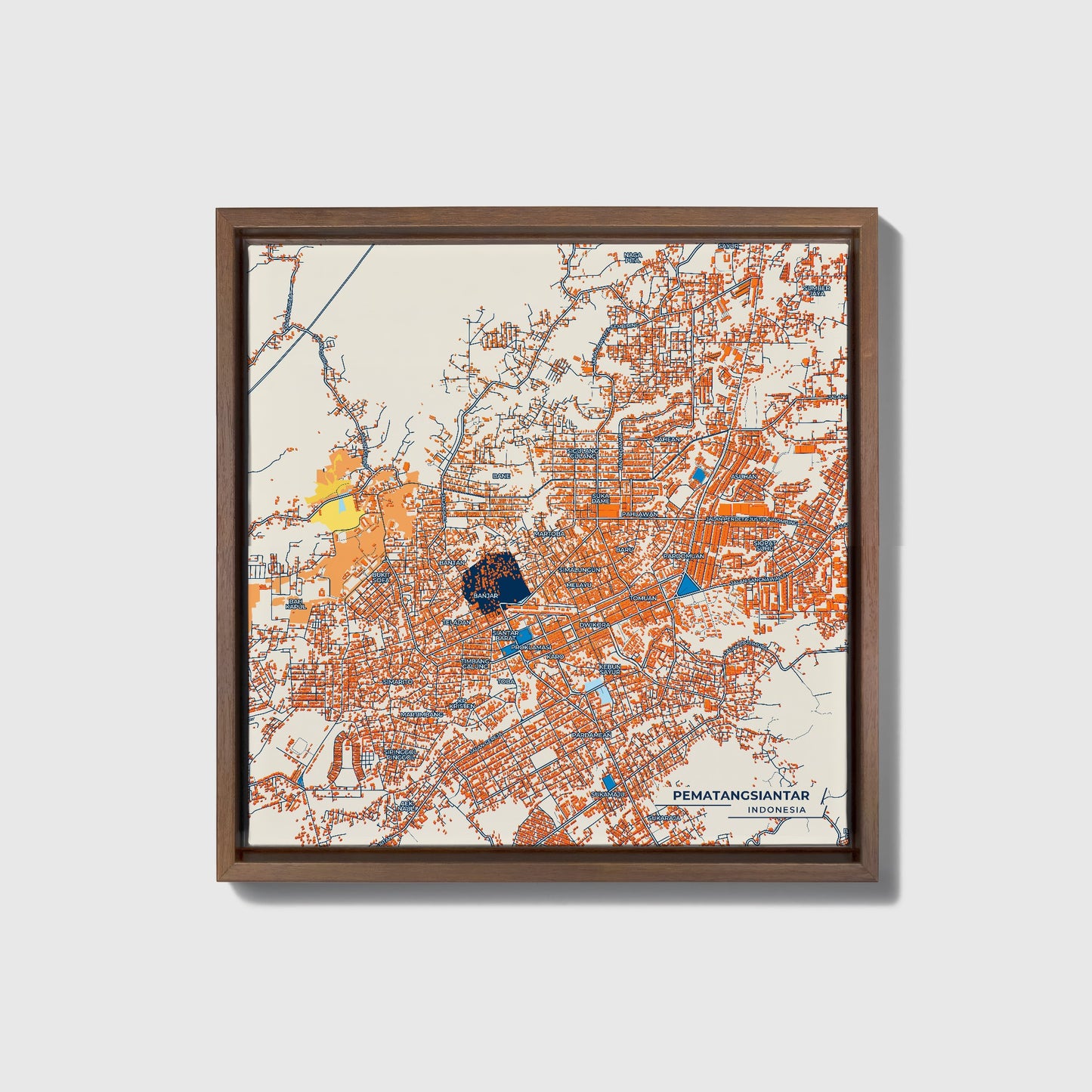 Pematangsiantar Indonesia Colorful City Map Canvas Print • Dark Wooden Framed