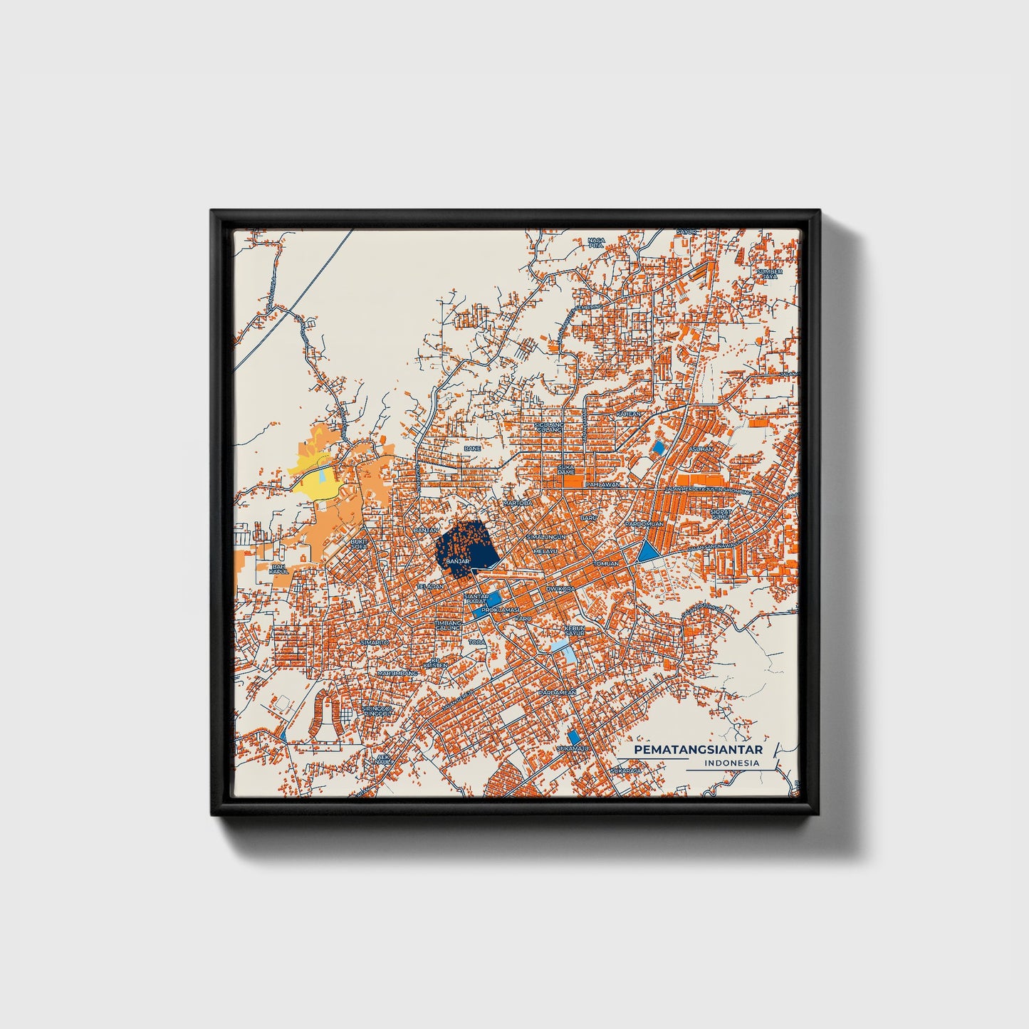 Pematangsiantar Indonesia Colorful City Map Canvas Print • Black Framed
