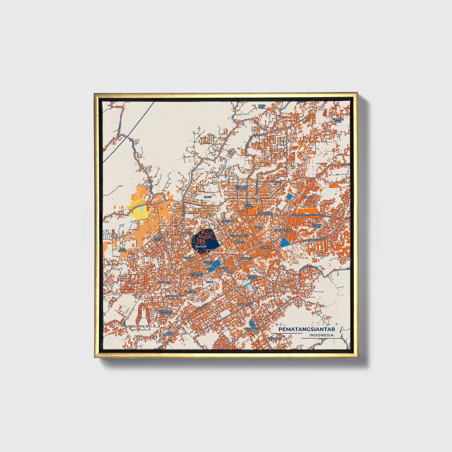 Pematangsiantar Indonesia Colorful City Map Canvas Print • Gold Framed