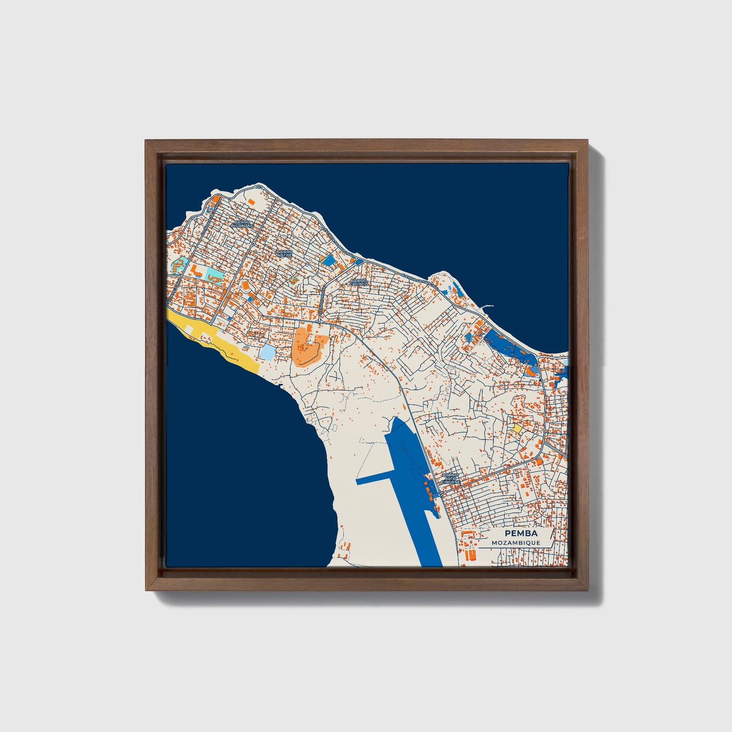 Pemba Mozambique Colorful City Map Canvas Print • Dark Wooden Framed
