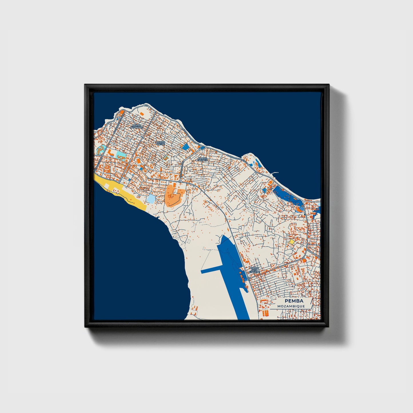 Pemba Mozambique Colorful City Map Canvas Print • Black Framed
