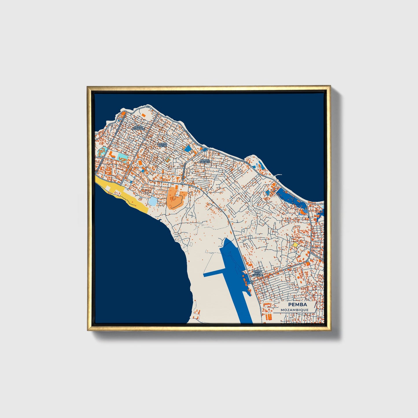 Pemba Mozambique Colorful City Map Canvas Print • Gold Framed