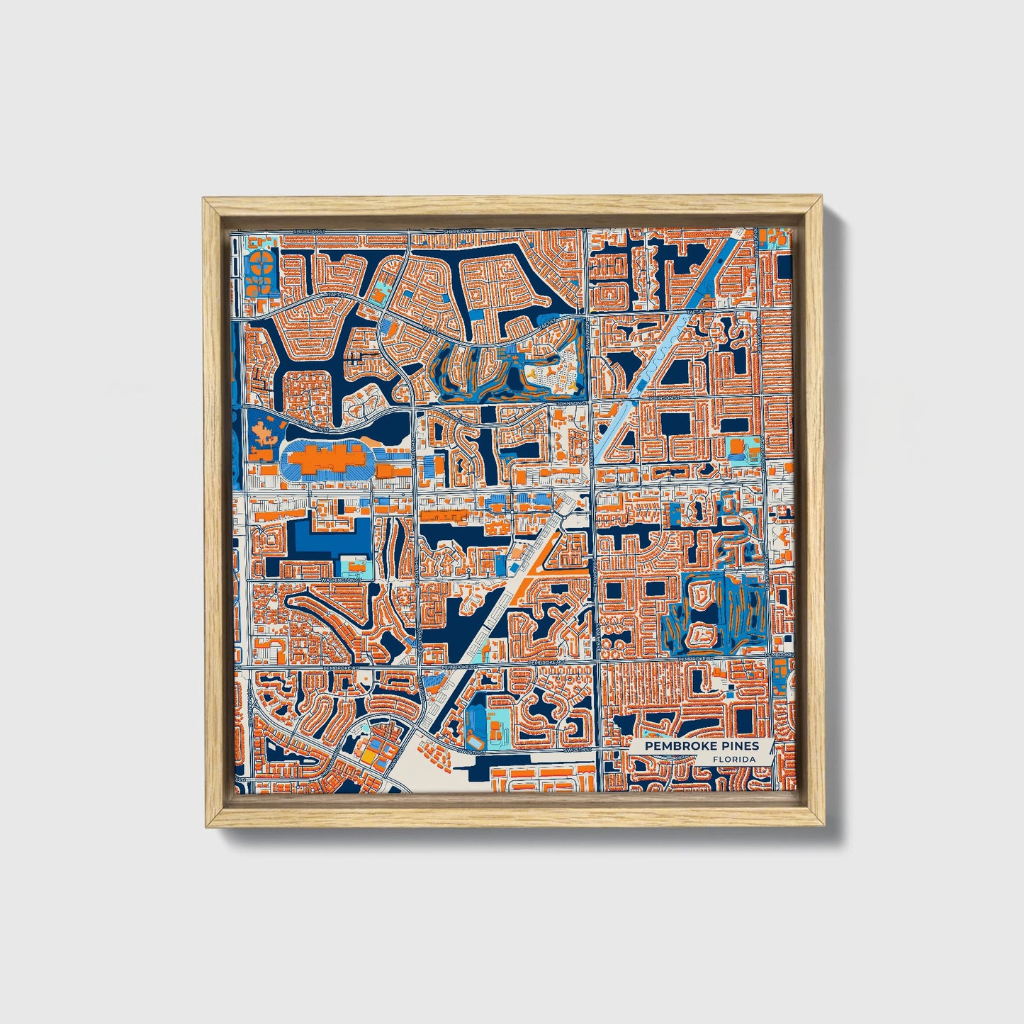 Pembroke Pines Florida Colorful City Map Canvas Print • Natural Wooden Framed