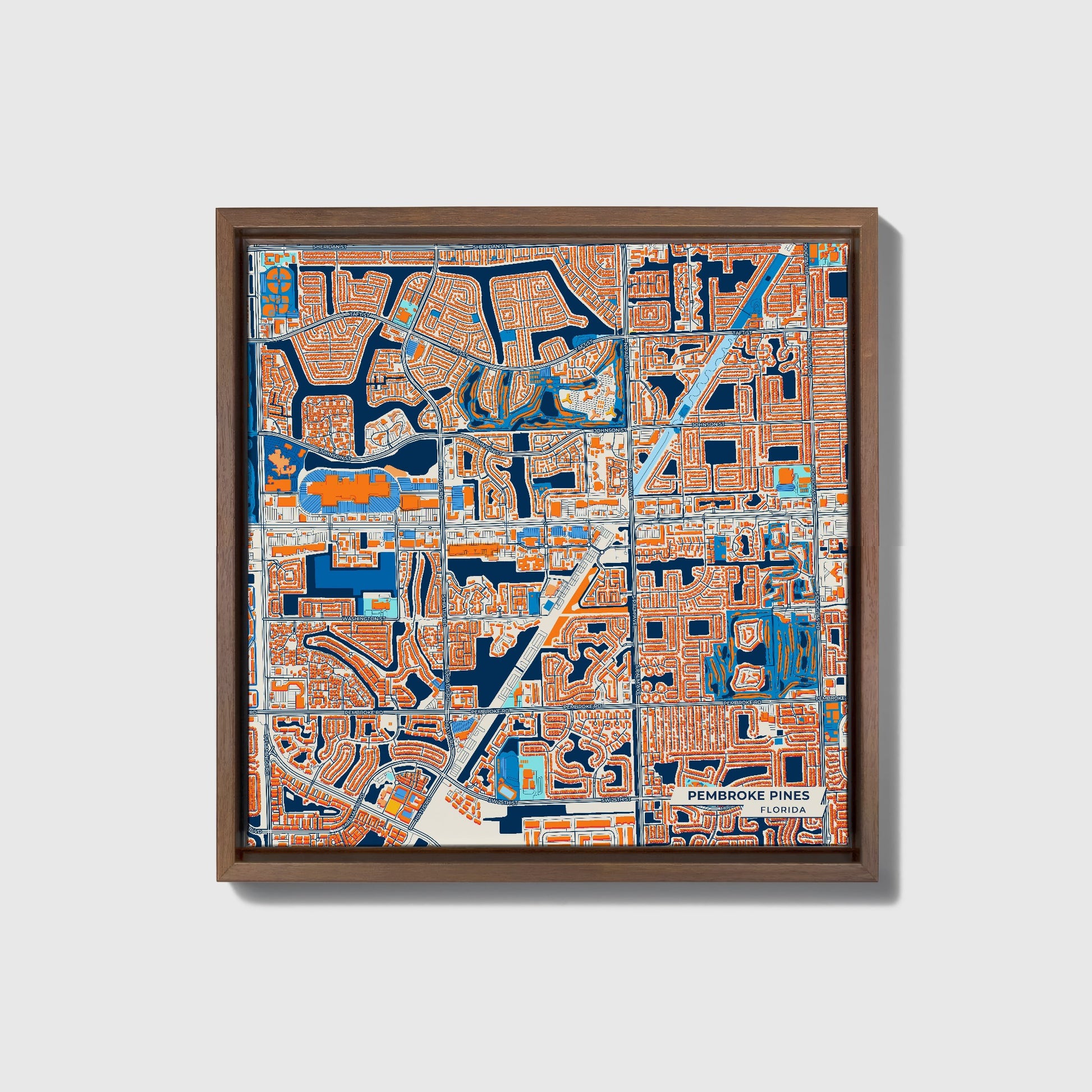 Pembroke Pines Florida Colorful City Map Canvas Print • Dark Wooden Framed