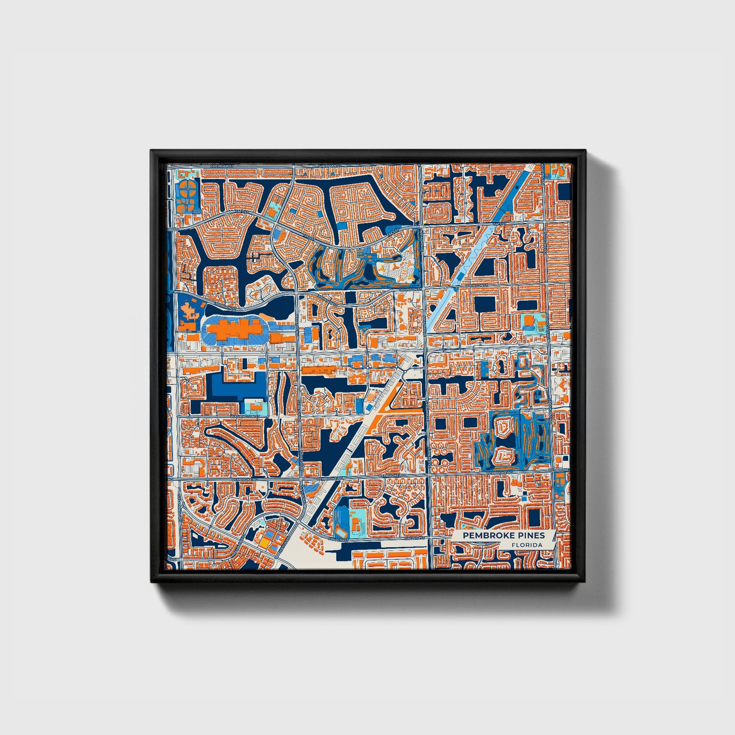 Pembroke Pines Florida Colorful City Map Canvas Print • Black Framed