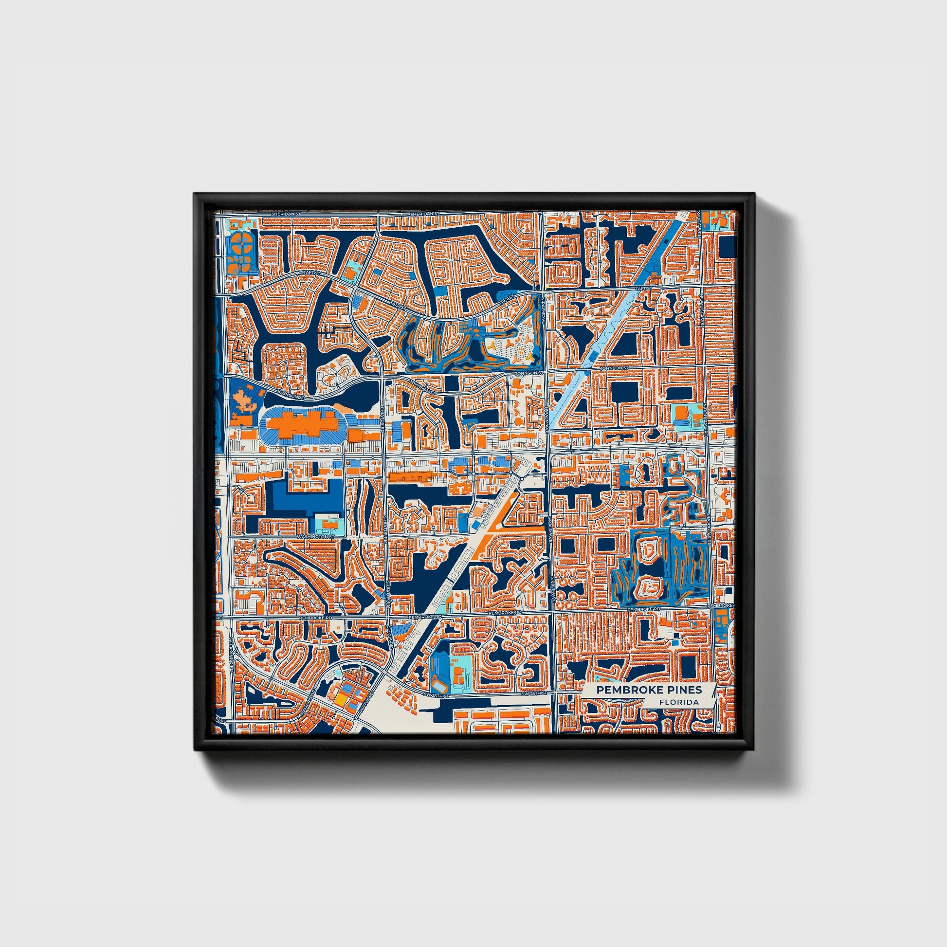 Pembroke Pines Florida Colorful City Map Canvas Print • Black Framed