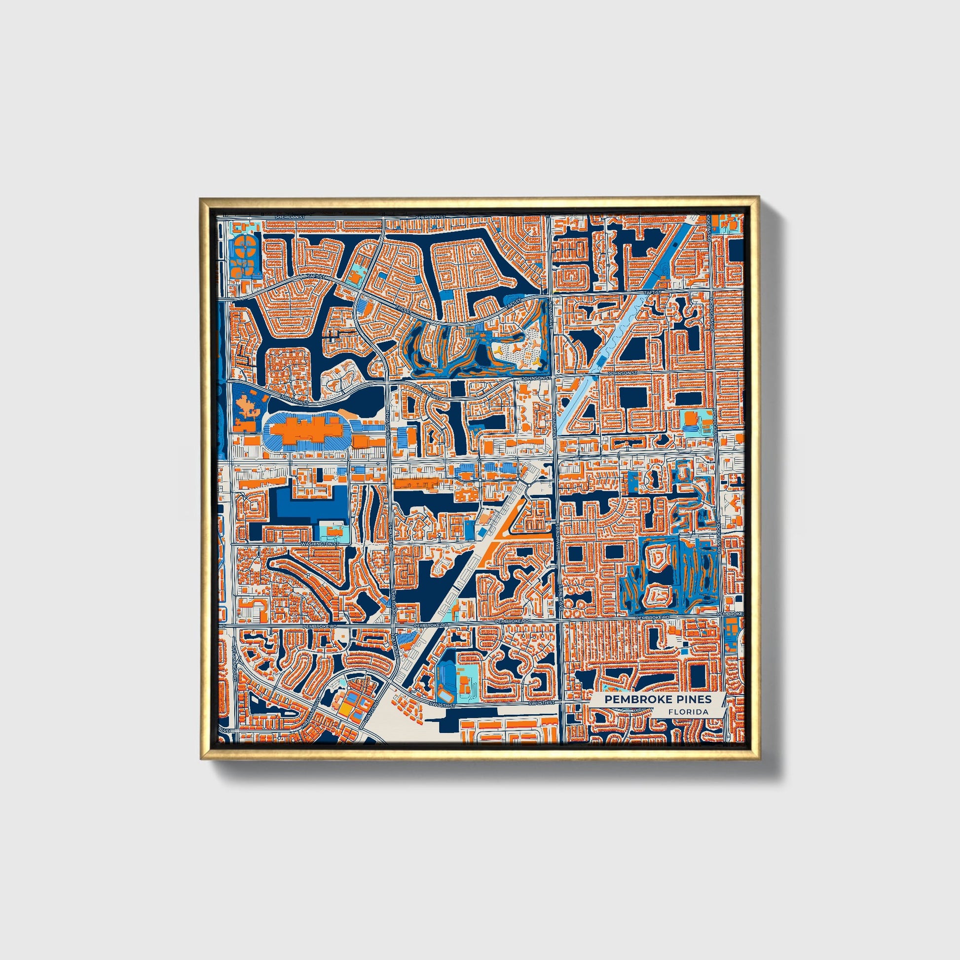 Pembroke Pines Florida Colorful City Map Canvas Print • Gold Framed