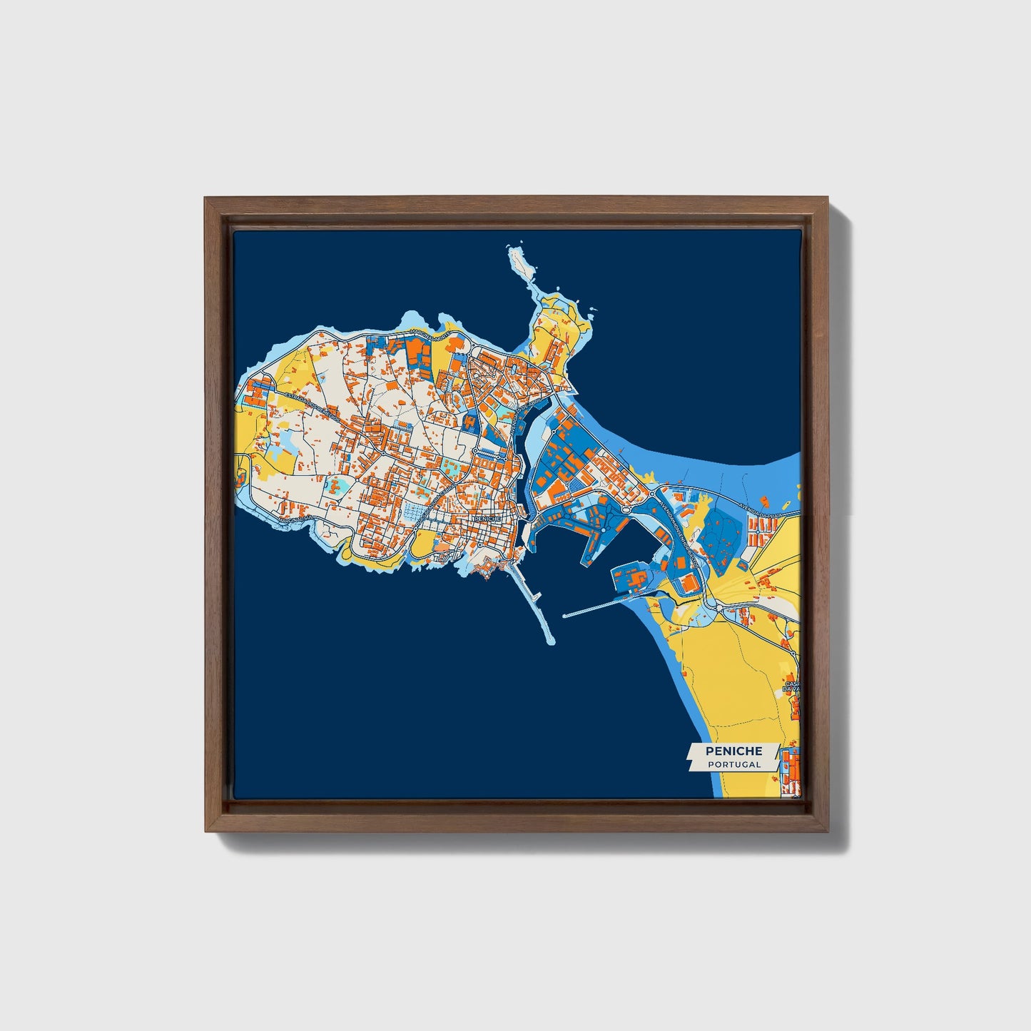Peniche Portugal Colorful City Map Canvas Print • Dark Wooden Framed