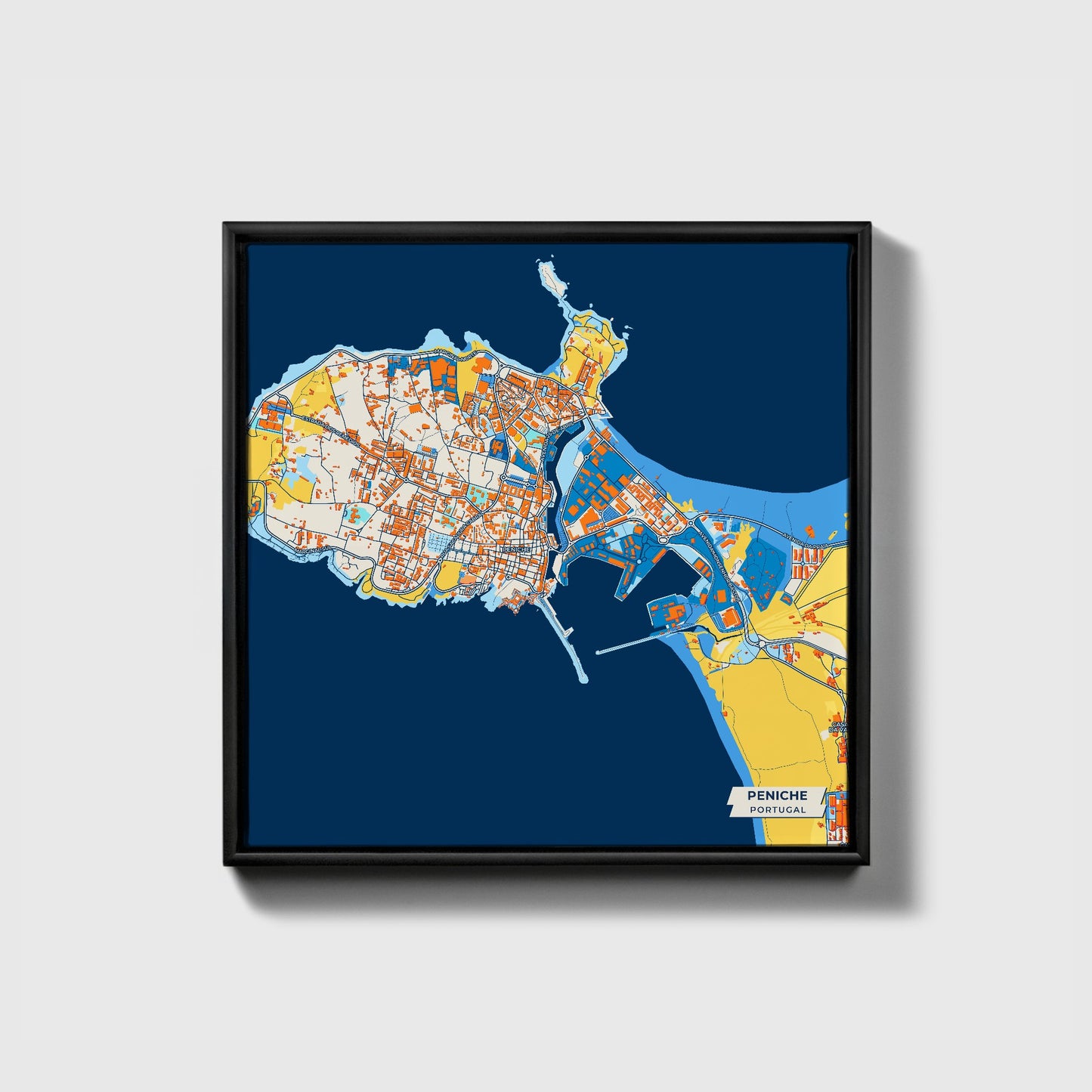 Peniche Portugal Colorful City Map Canvas Print • Black Framed