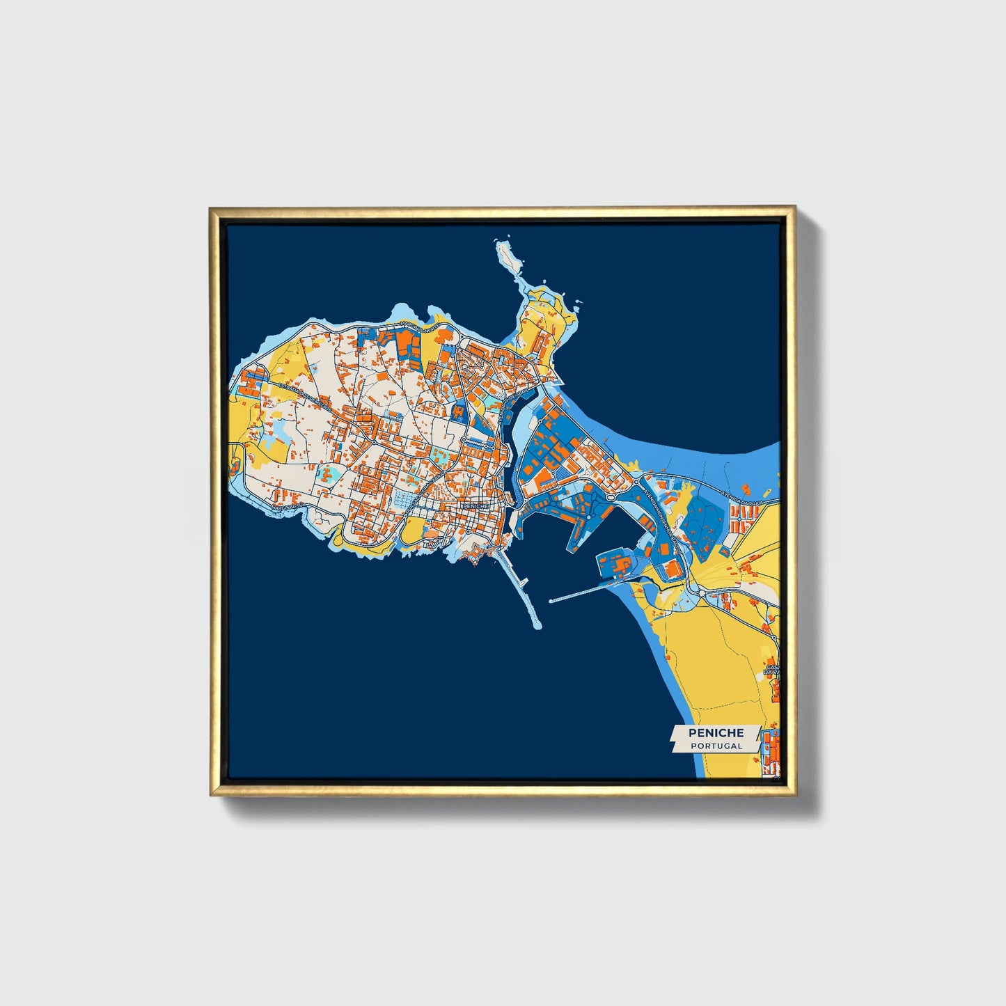 Peniche Portugal Colorful City Map Canvas Print • Gold Framed