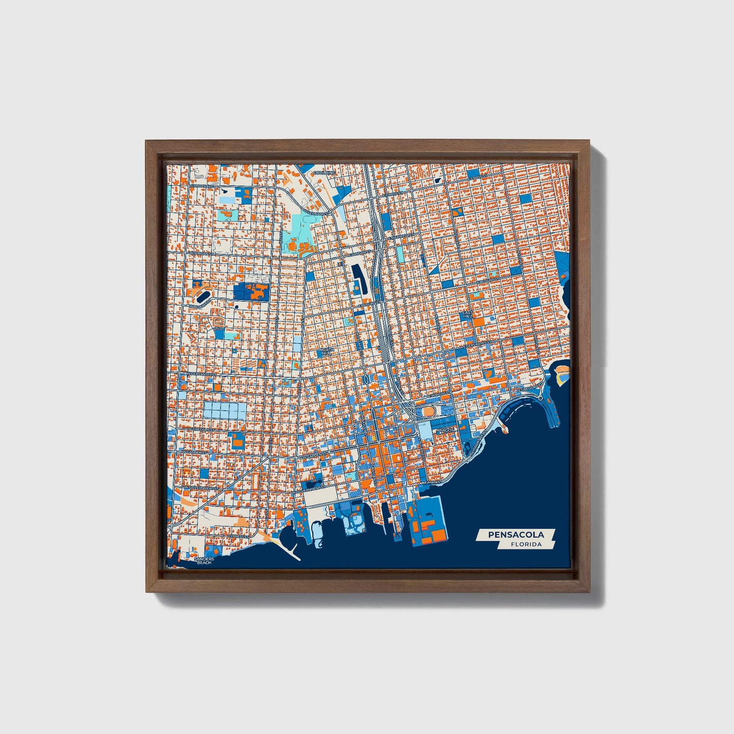 Pensacola Florida Colorful City Map Canvas Print • Dark Wooden Framed