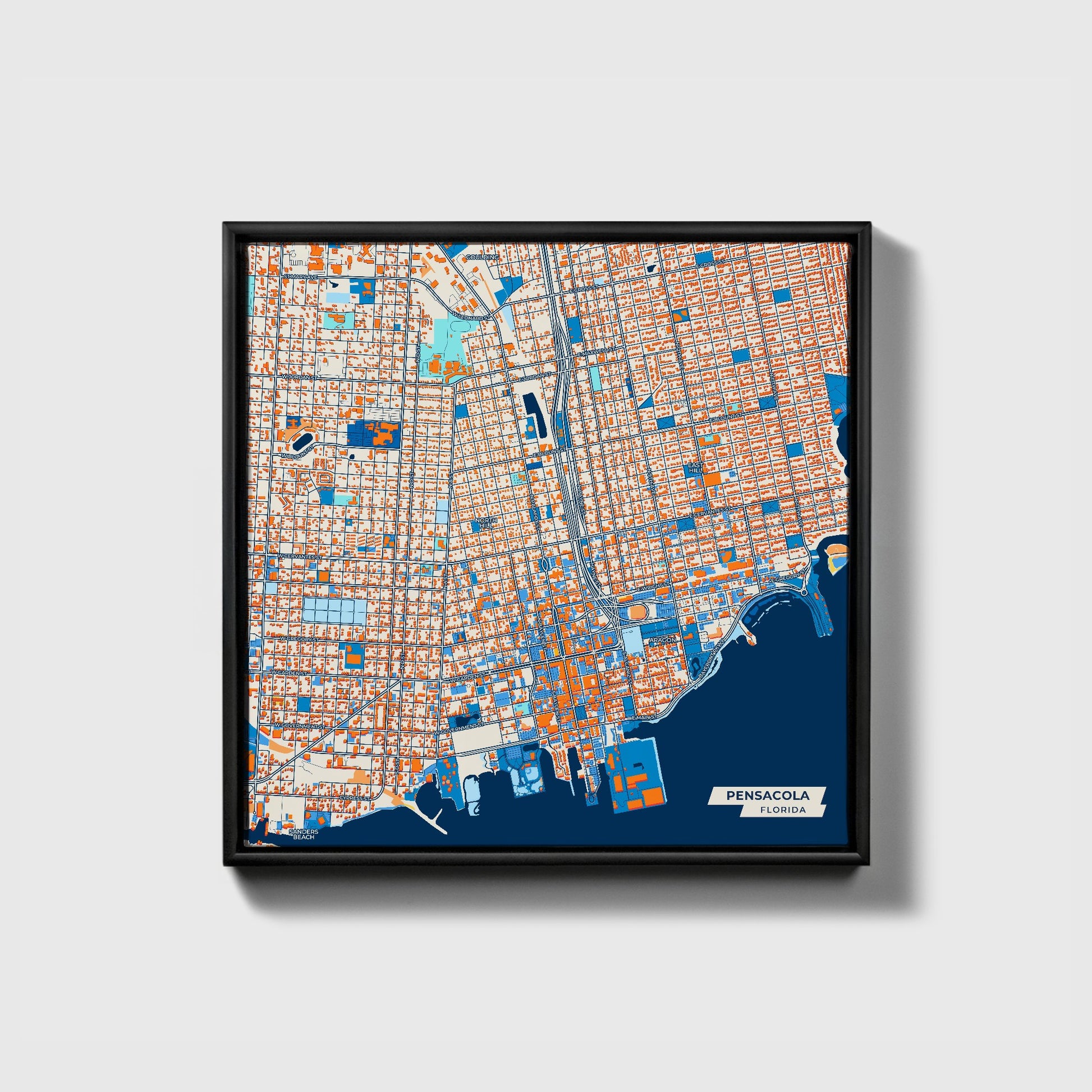Pensacola Florida Colorful City Map Canvas Print • Black Framed