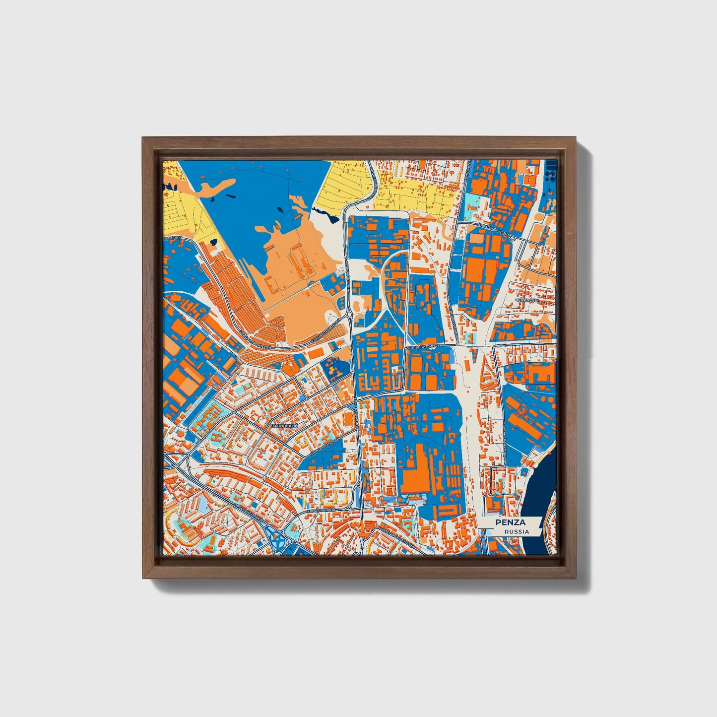 Пенза Russia Colorful City Map Canvas Print • Dark Wooden Framed