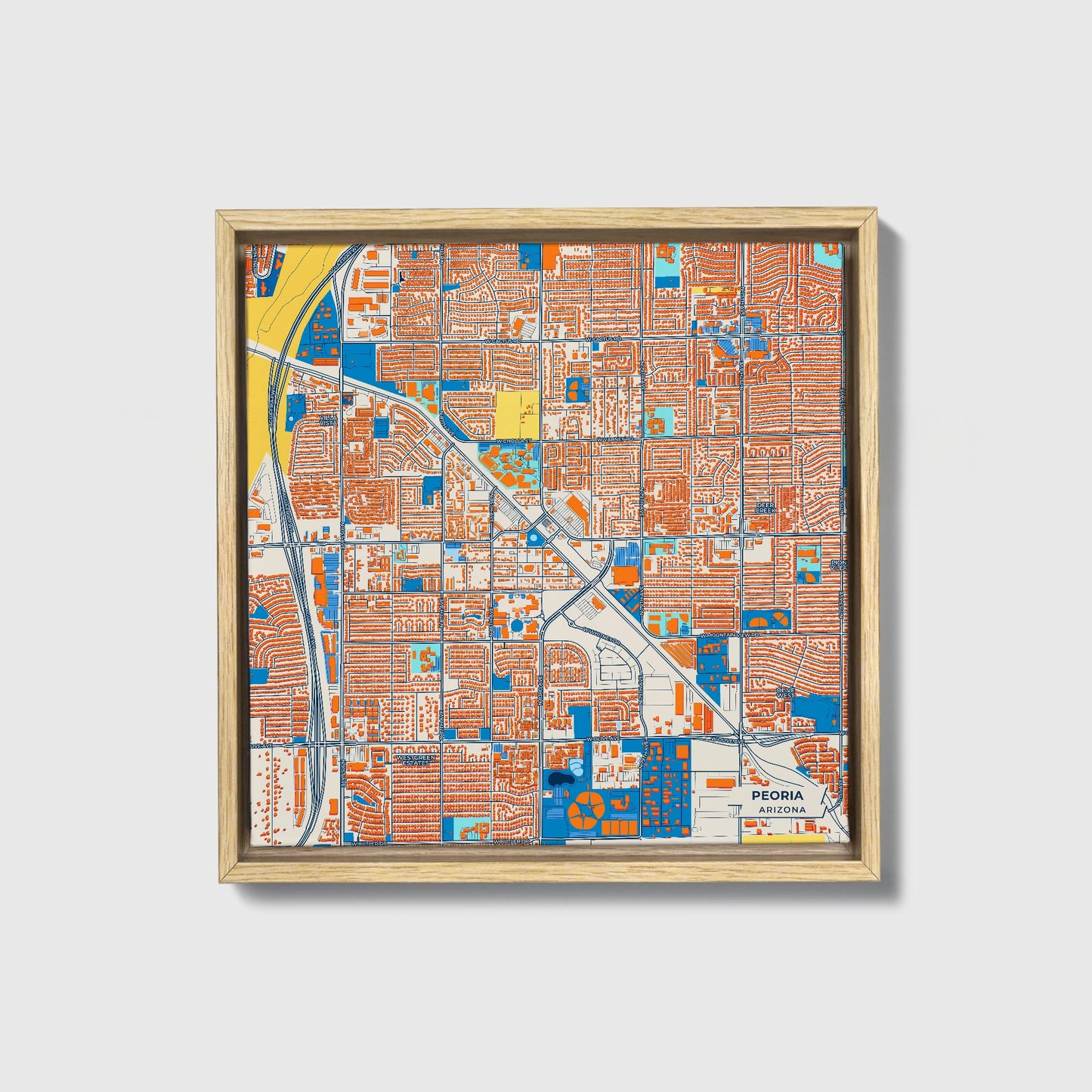 Peoria Arizona Colorful City Map Canvas Print • Natural Wooden Framed