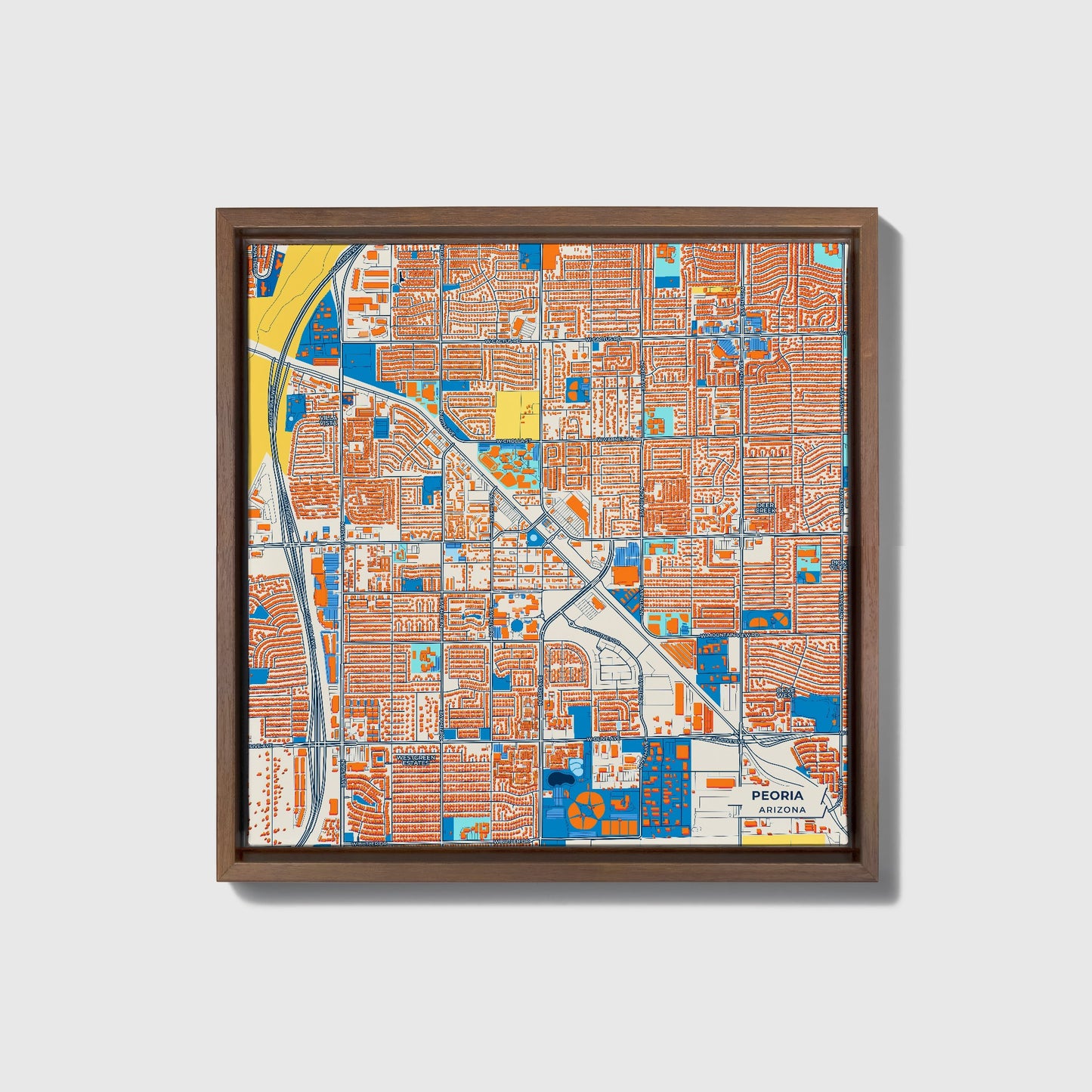 Peoria Arizona Colorful City Map Canvas Print • Dark Wooden Framed
