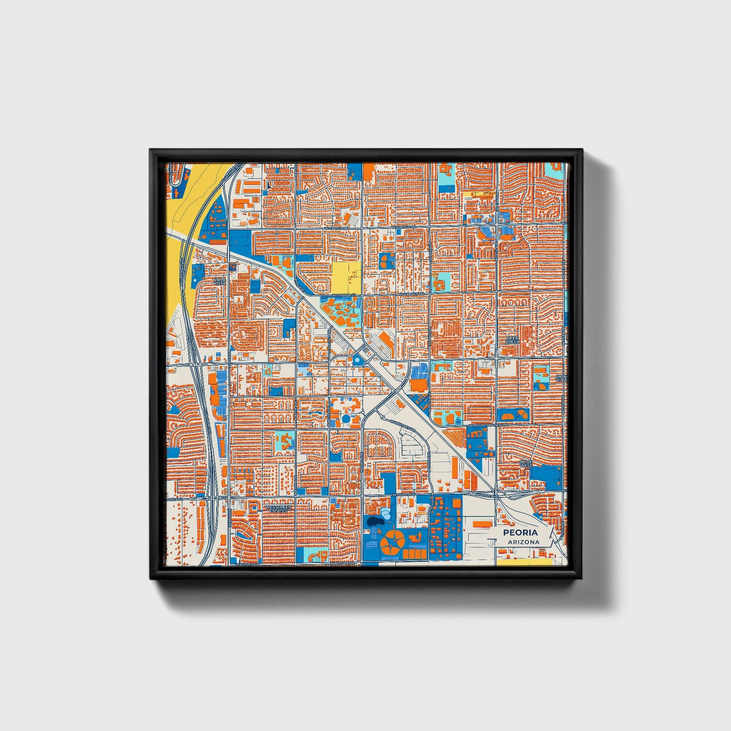 Peoria Arizona Colorful City Map Canvas Print • Black Framed