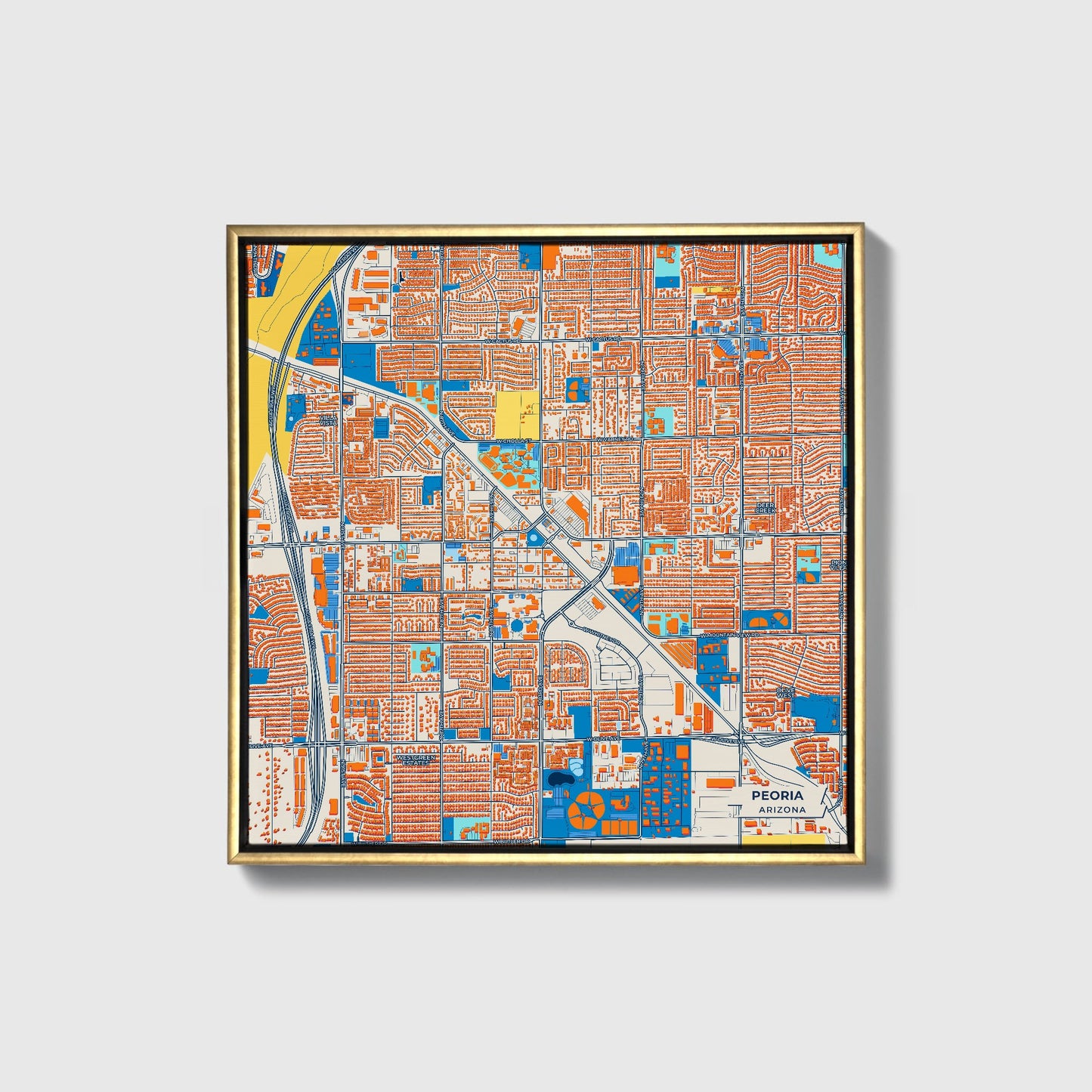 Peoria Arizona Colorful City Map Canvas Print • Gold Framed